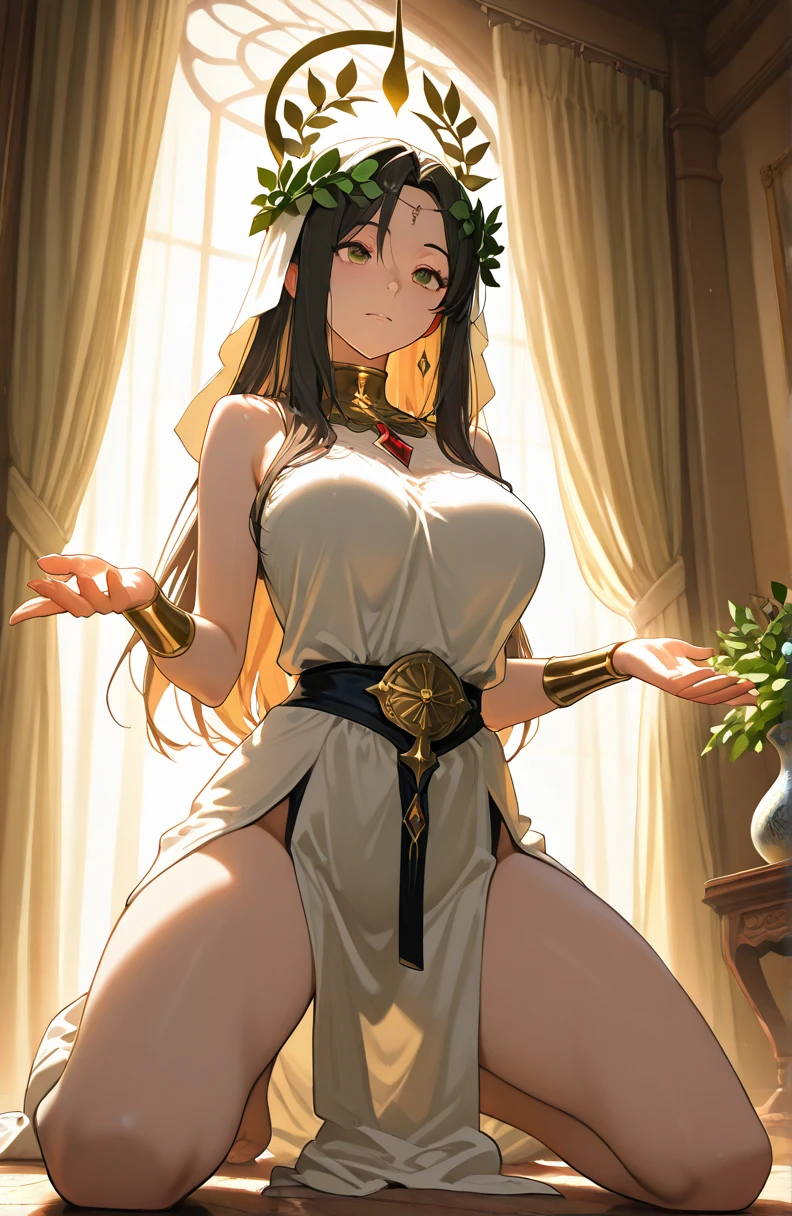 Top image quality、Top image quality、ultra-detailliert、masterpiece、masutepiece、8K、ultra-detailliert、detaileds、intricate detailes、 1girl in、1girl in、独奏、A dark-haired、length hair、bluntbangs、grey eyes、red blush、off shoulders、collars、耳Nipple Ring、masutepiece, Best Quality), Intricate details, 1girl in, 1girl in, Solo, Black hair, Long hair, Blunt bangs, grey eyes, blush, Collar, earrings、Beautiful fece、Deities々Right、Beautuful Women、Beautie、Exposed shoulders、White costume、Fantasy World、A detailed face、large full breasts、thighs thighs thighs thighs、thick thight、Thigh emphasis、sitting on