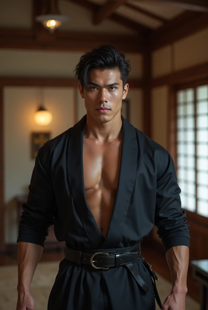 A shirtless man posing for a photograph,Japanese、Black trousers