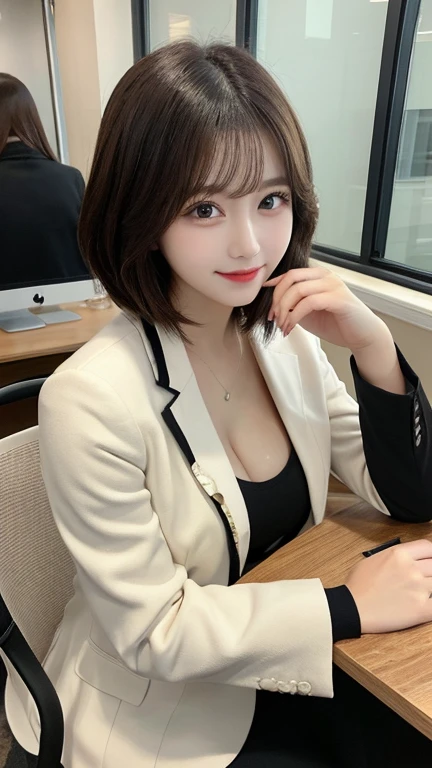 masutepiece, Best Quality, Illustration, Ultra-detailed, finely detail, hight resolution, 8K Wallpaper, Perfect dynamic composition, Beautiful detailed eyes,Suits、Suit jacket,Bob Hair, mid-chest, Natural Color Lip, Random and sexy poses,Smile,20 years girl　Colossal tits、s Office、