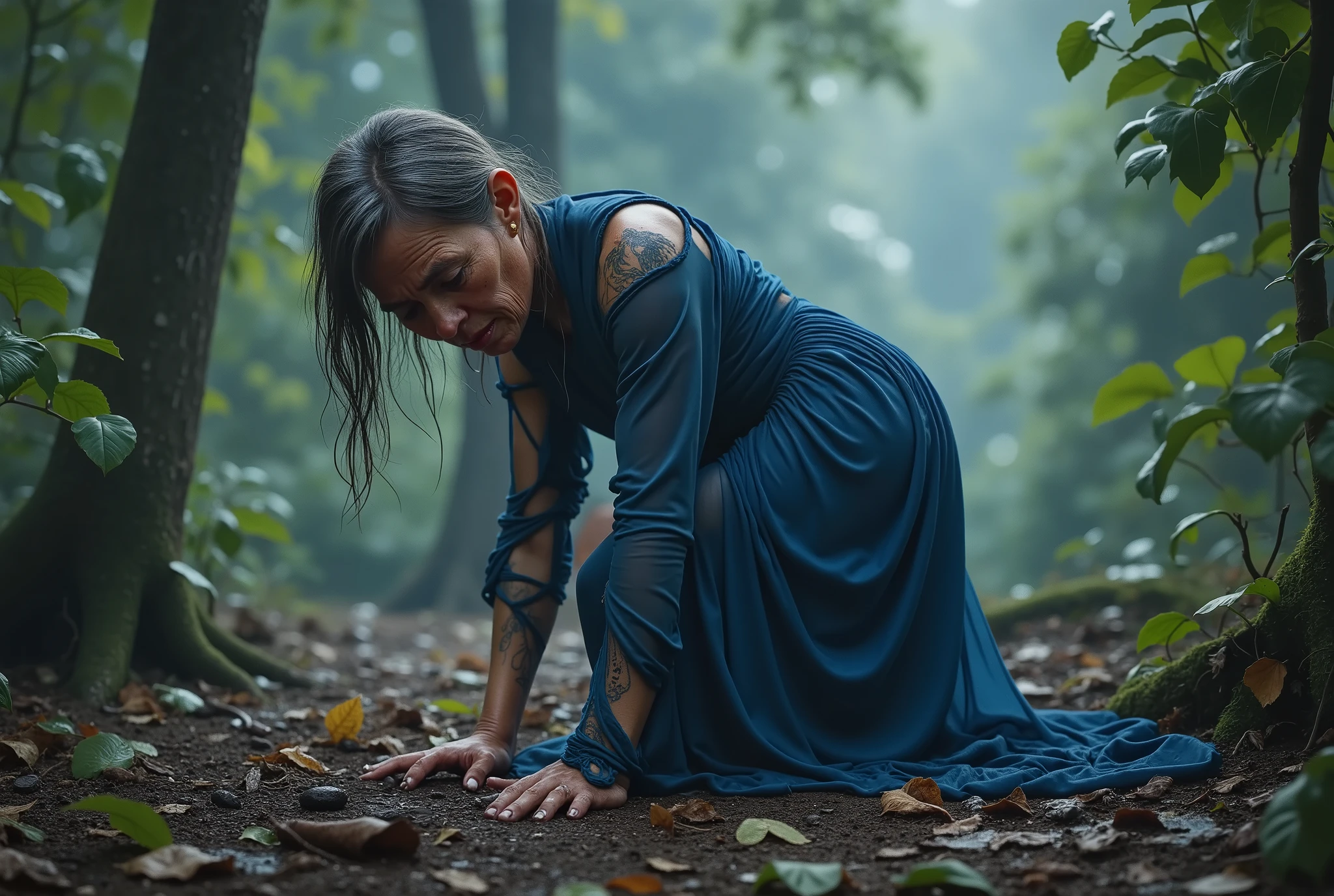 arafed (50% Brasilian, 50% Spanish) 75yo dressed woman, doggy style, on all fours, crying woman in a dark blue large dress /(the dress is torn, dirty, transparent and long)/ in the forest leaves, a hyperrealistic paparazzi Photography of a woman with her hands on the ground, fingers deep in the soil and leaves, (elbows resting on the haze and umid forest), knees rest on the hard ground, hyperrealism, leaves on the body, in the leaves, covered in forest ground, she is a splendid crying mix of human races, rainstorm outside, perfect body, covered with water and rain, cold-wet ground outside, sexy woman, covered in leaves. ((profile view you see the arch of the back lower and the butt and head a little higher)). (dimensions and proportions of the body are correct and right:1.8). Her dress cover her body totally, /[very detailed skin, (realistic skin:1.2), Realistic skin details, skin imperfections, Visible skin pores, some blackheads on the skin, Skin with a little bit of hair, textured skin, Extremely Detailed Natural Skin, Skin dents]/. (tilt view, tilt low angle view:1.8), photoreporter style of photograph.