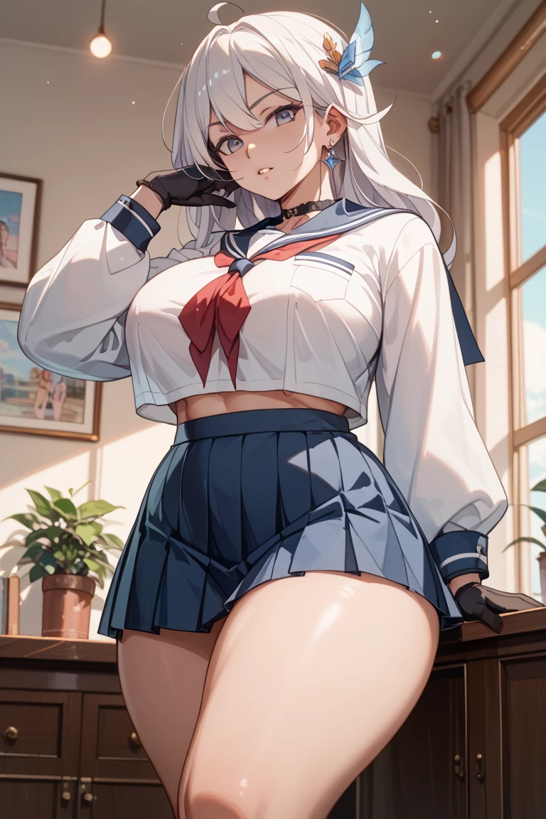 (extremely detailed CG unity 8k wallpaper), (((masterpiece))), (((best quality))), ((ultra-detailed)), (((illustration))), (best shadow), ((an extremely delicate and beautiful)), (detailed light), (well designed face), amazing face, (super detailed), cinematic shot, beautiful detailed eyes, detailed background, 1girl, ((white hair)), ((red eyes)), ((cat ears)), firts rate breasts, first rate female bodies, long hair, x hair ornament, school uniform, (pink panties), crop top, ((navel piercing)), jacket, open jacket, interior design, classroom, spread navel, bewitching thighs, cinematic shot, smile, one eye closed, hand on own chest, ((from below)),