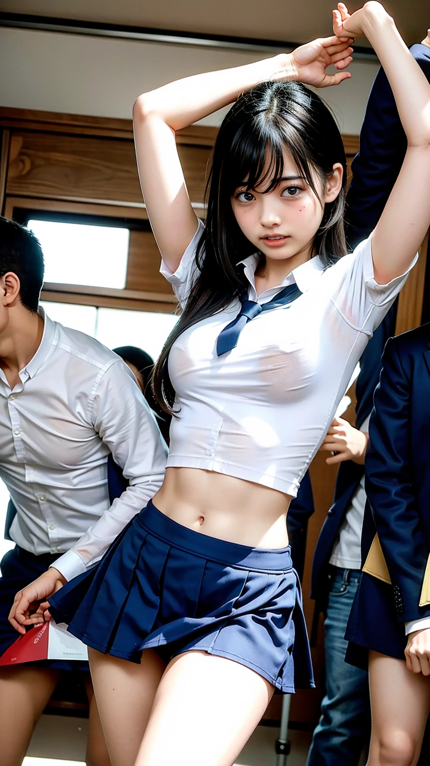 (in 8K、Raw photography、Highest Quality、realisitic、Photorealsitic、Professional Lighting、masterpiece、extremely delicate and beautiful、Highly detailed、finely detail、ultra-detailliert、hight resolution、full-shot)、Several men were huddled on the train、1girl in、1 high school girl in uniform、Beautiful face:1.5、slim proportions、Colossal tits:2、Young man in suit、Hug her from behind:1.5、Other young men flipping up skirts、I can see my panties、Draw in clear detail whose hand it is、((( are visible)))、(((The nipple is visible)))、(((Upper body naked)))、(((Lower body naked)))、(((barechested)))、Eyes open:3、moaning in pain、feeling in pain、auw、Following the pain、moaning in pain、Pain in the face frowning、I'm looking at you、(((On the train:1.5)))、(((hi-school girl:1.5)))、(((Angle from below)))、(((Show underarms))), (((Show camel toes)))、(((schoolgirl in school uniform:1.5)))、(((Shooting from below)))、