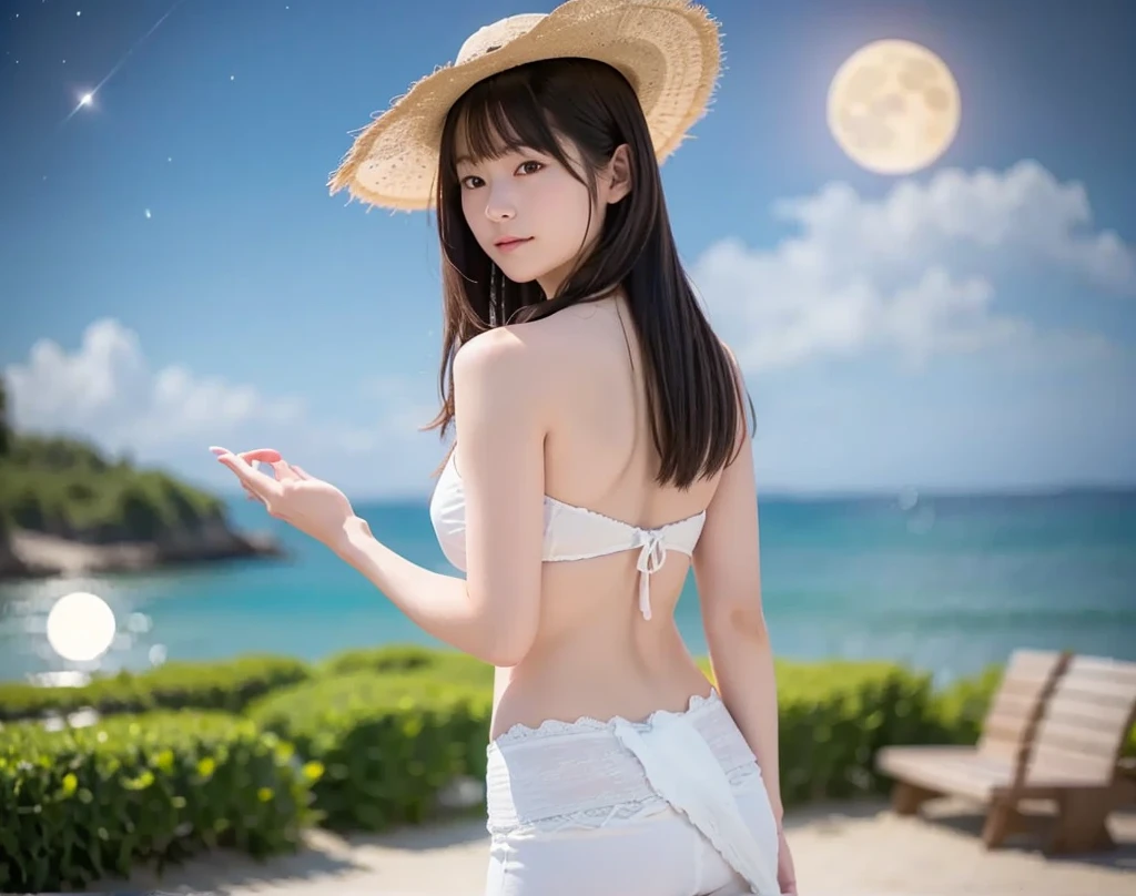 ((Highest quality)), ((masterpiece)), (detailed), Silhouette-Lighting , (Japanese), , Straight Hair, Girl, ,big Breasts, (naked),topless, (Blue eyes),half-smile ,Silhouette Lighting, (Moonlit Night) ,Looking up at the sky,, milky way, from_behind, (arched back) ,beach,Water's Edge,