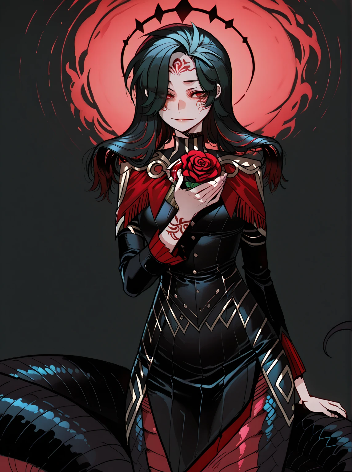 Anime lamia girl with long, dark hair with red or scarlet reflections, styled with a fringe that frames her intense red eyes. She wears a regal dress in black and white, with a ribbon adorned with a red rose. She smiles enigmatically as she brings the rose closer to her face. The background is dark or very light dark, highlighting the contrast between the dark tones of her hair and clothing, and the red sparkles of the rose and her eyes. The illustration style features lines markings and a soft shade that emphasizes the mysterious expression of the protagonist. (anime girl, lamia, black hair with redish highlights, red eyes, regal outfit, black-and-deep red palette, holding a ews rose, enigmatic smile, minimal background, Digital Painting, pixiv trending, Artstation)