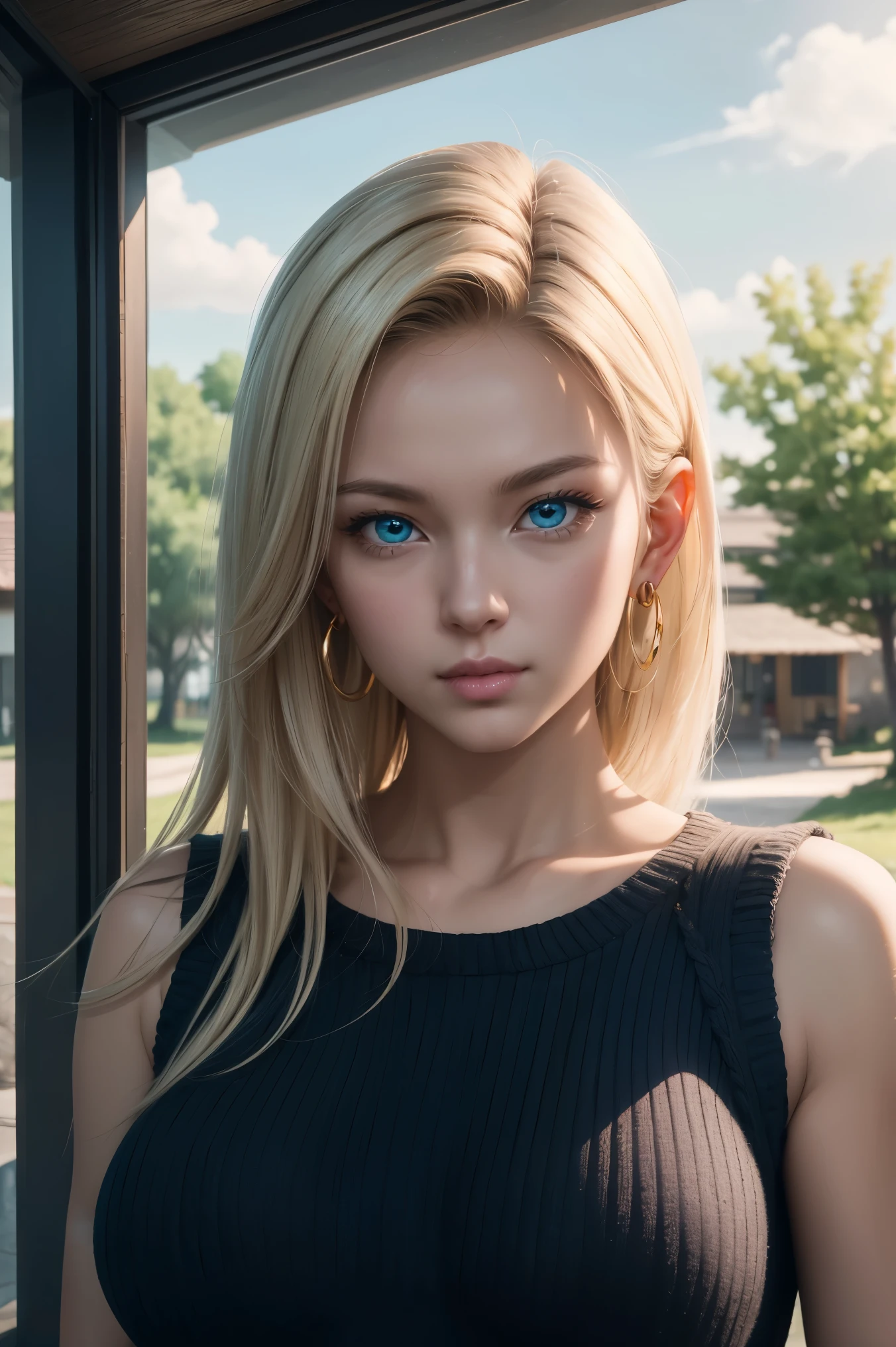 No.18,Dragon Ball Z,Dragon Ball Super,One-length hair,beautiful white blond hair,shortcuts, beautiful blue eyes ,PINK LIPS,white skin,black sleeveless knit ,,ultra-high image quality of processing,super quality,masterpiece,DSLR,Photorealistic, Detailed Details,Vivid details,depicted in detail,Detailed face, Detailed Details,Super Details,Realistic Skin Texture, colorful candy room ,perfect anatomy,anatomically correct hands,anatomically correct fingers,complicated 3d rendering,big breasts,Gold ring earrings,nature,Beautiful spring scenery,Mysterious spring scenery,Beautiful Dusk,Hair fluttering in the breeze,Beautiful like a painting,takes pictures of Hirose's whole body,9 heads,