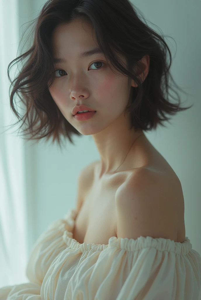 Best quality, Masterpiece, 超高分辨率, (Photorealistic:1.5), RAW photo, 1girll, offshoulder, In the dark, deepshadow, low tune, Cold light, Sexy look, Short hair,Topless