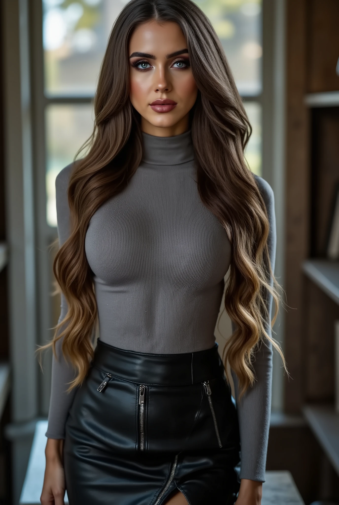 photo of beautiful woman, long hair, as a teacher, turtleneck with zipper, buckled leather skirt, posing in an old dusty library, pokies, backlit, belt, perfect make-up, cinematic, realistic, tight hairstyle