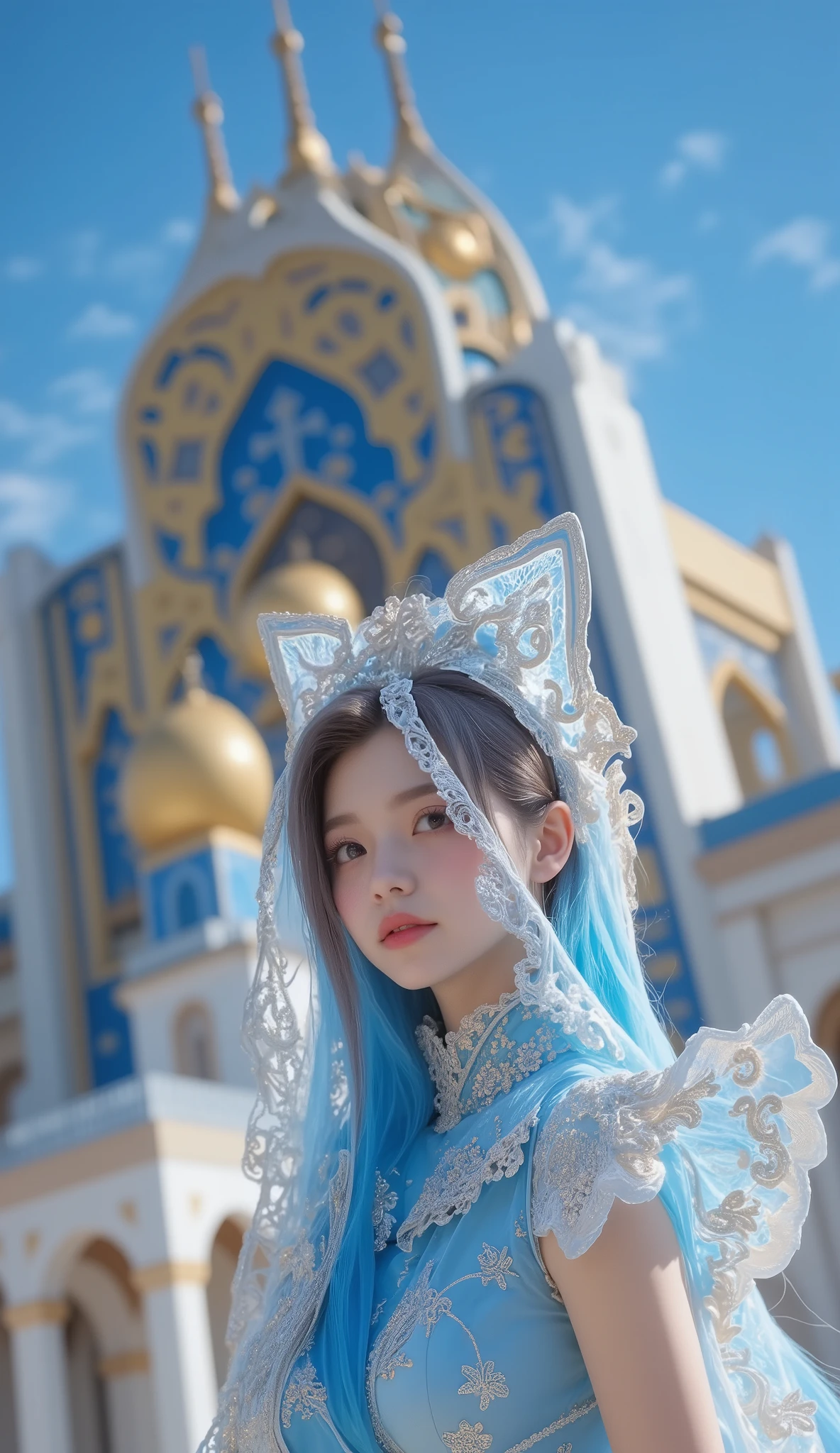 (((double blue and gold create the strongest visual art with just only these 2 colors))),(8k, best quality, masterpiece , Final Fantasy style: 1.2), ( : 1.37), very detailed, one Beautiful woman wearing a veil and transparent traditional dress,Samarkand's beautiful mosque, blue sky , ,