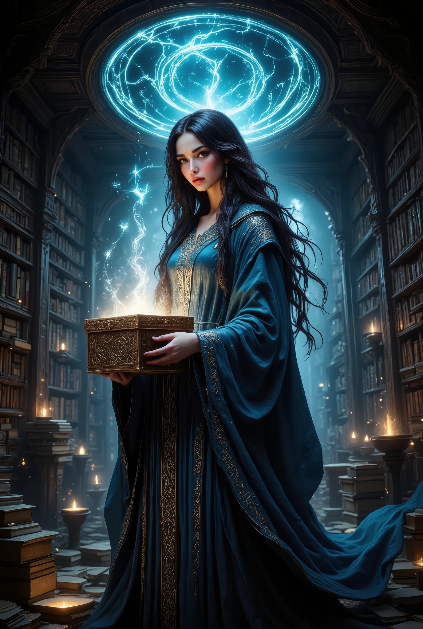 A sorceress, of Slavic ethnicity, stands poised in a dimly lit chamber, her body angled three-quarters to the viewer, a subtle twist in her waist suggesting movement. She holds an ornate, antique wooden box, intricately carved with glowing runes emitting a soft, ethereal light. Her expression is one of serene power, a slight smile playing on her lips, revealing a hint of mischief in her deep-set, captivating eyes. She wears a flowing, midnight-blue robe, embroidered with silver threads that shimmer like captured starlight, its fabric seemingly radiating a soft, inner luminescence. The robe's sleeves are long and billowing, partially obscuring her hands as they cradle the glowing box. Her dark hair, interwoven with silver strands, is loosely braided, cascading down her back. Surrounding her, hundreds of levitating books, their pages illuminated by an internal glow, create a swirling vortex of arcane knowledge. The room itself is circular, constructed from dark, aged wood, its walls lined with countless shelves overflowing with more books, their spines faded and mysterious. The lighting is primarily from the magical glow emanating from the box and the books, casting long, dramatic shadows that accentuate the room's mystical atmosphere. Render in the style of Art Nouveau, with a focus on rich textures – smooth, polished wood contrasting with the flowing, almost silken texture of the robe. The overall mood is one of enchanting mystery and powerful magic, a captivating blend of dark fantasy and ethereal beauty. The camera angle is slightly low, creating a sense of awe and wonder.