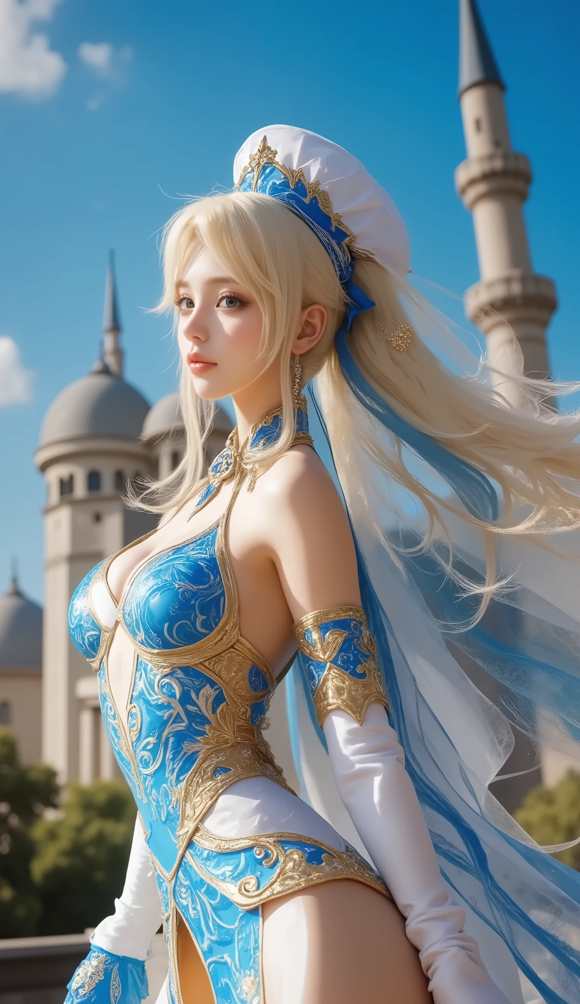 white long hair, pearl necklace, wearing blue navydress elegant, smile expression, staring intently, 3horn headband, blue nails, photorealistic, masterpiece
