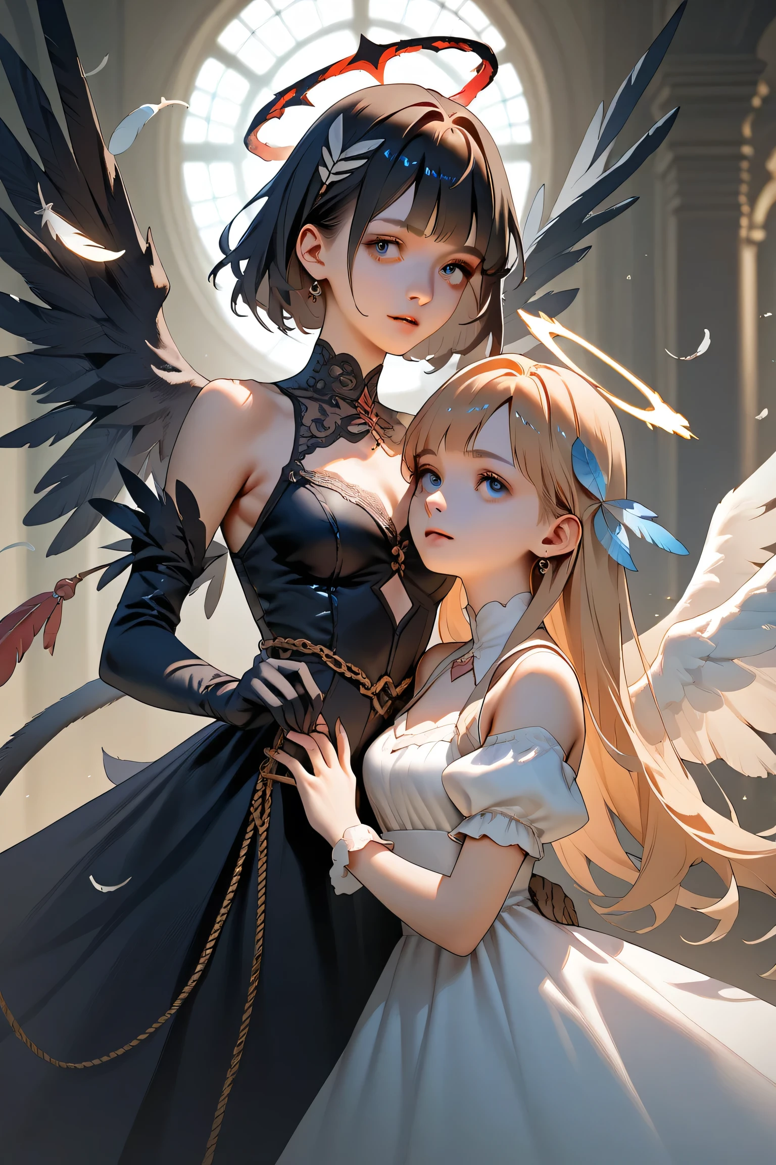 (tmasterpiece,top Quority,best qualtiy,offcial art,Beauty and aesthetics:1.2),(1girll),Extremely detailed,(s fractal art:1.3),twins+angel girl+Devil Girl:1.3+Wings