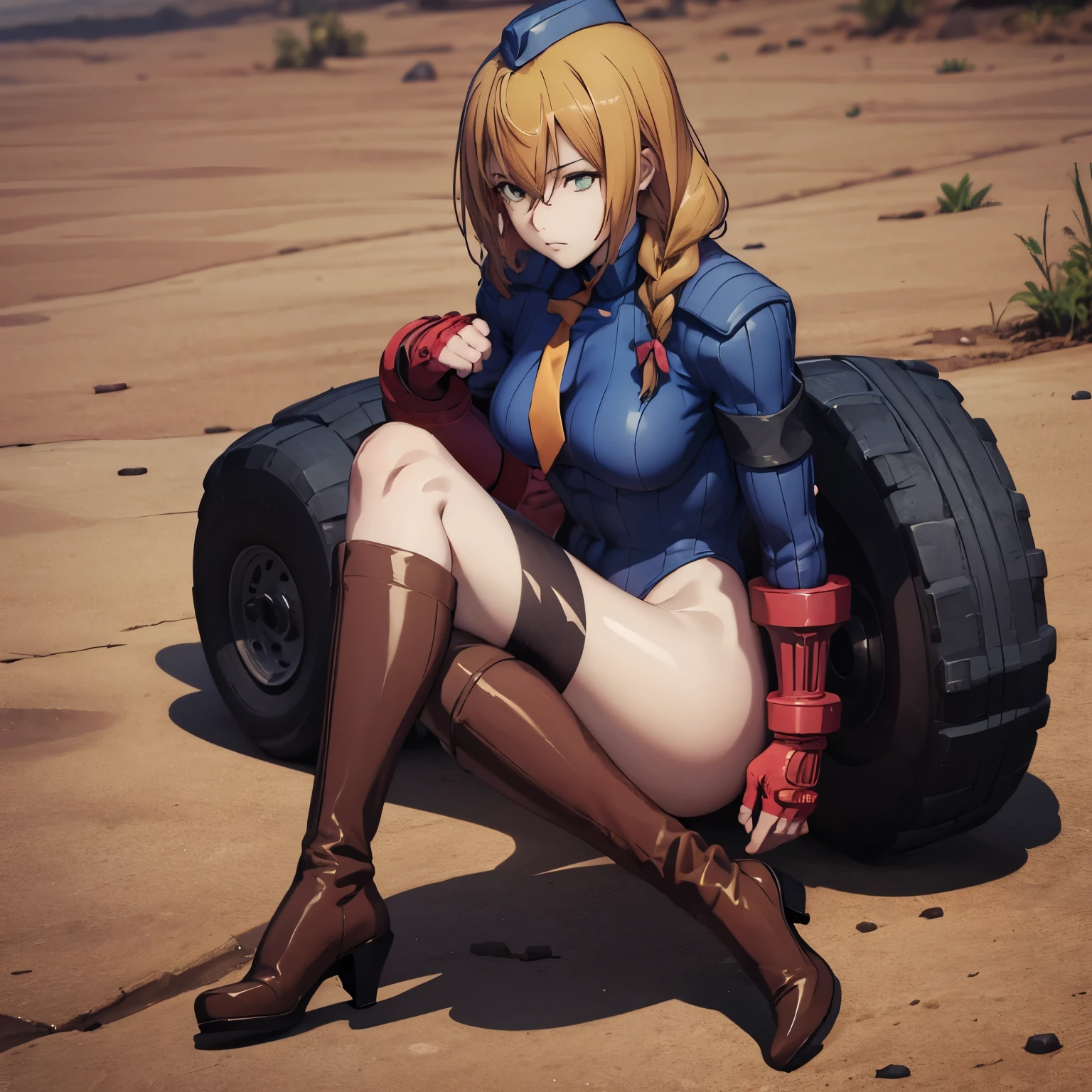 ultra-detailed, Explicit, Beautiful body, Beautiful Nose, Beautiful character design, perfect eyes, perfect face, ultra highres, 4K, beautiful legs, perfect legs, Nice hands, Perfect hand, Masterpiece, Best Quality, Highly detailed, illustration, absurdres, perfect anatomy, street fighter, doll suit, shadaloo doll, dollsuit, expressionless, blank eyes, looking at viewer, red gloves, emotionless, black latex, corruption, mind control, female combatant, full body, hypnotized, unhappy trance, full body suit, both arms at side, obey, perfect female body, extremely glossy latex, hypnosis, hypnoLora, empty eyes, Mind control device, poses, Slave, yellow necktie, latex, Fighting Stance, military, thigh boots, black pantyhose, dark persona, (((pixel-perfect, detail-perfect))), solo, 1girl, hair ornament, submissive pose, seductive pose, yuno, long hair, very long hair, green eyes, brown hair, hair between eyes, braid, twin braids, hair ribbon