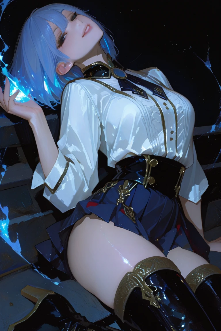 beautiful detailed girl with long blue hair in a short pilot suit, small breasts, glowing blue eyes, slim body, full body shot, detailed face, mechanical exoskeleton, mini skirt, white panties, high heels boots, heroine pose lying on back with legs spread, long gloves, high quality, 8k, hyper detailed, photorealistic, masterpiece, intricate details, cinematic lighting, sci-fi, concept art
