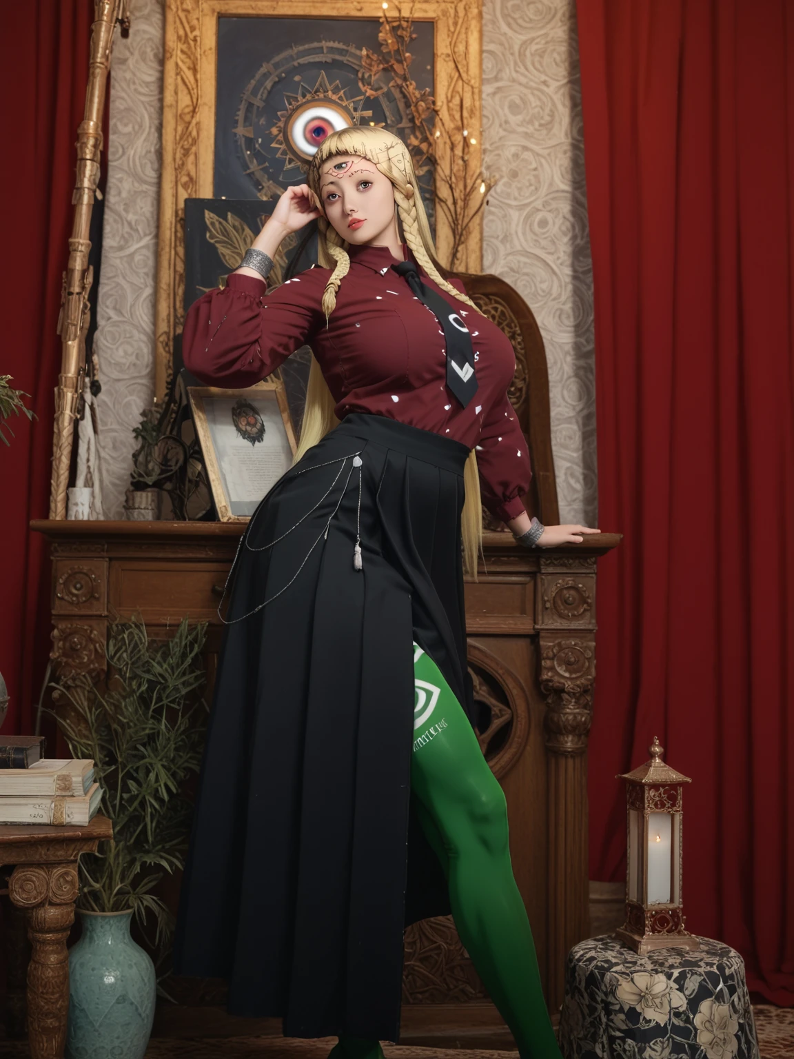 highres,absurdres,masterpiece,best quality,original,extremely detailed CG,extremely detailed wallpaper,perfect lighting,standing on the stage,blurry background,(from above),looking at viewer,
<lora:shirayuki_tomoe_v1:0.6>,st1,braid,hair ornament,green sweater,black skirt,large breasts,long skirt,shawl,<lora:GoodHands-beta2:1>,