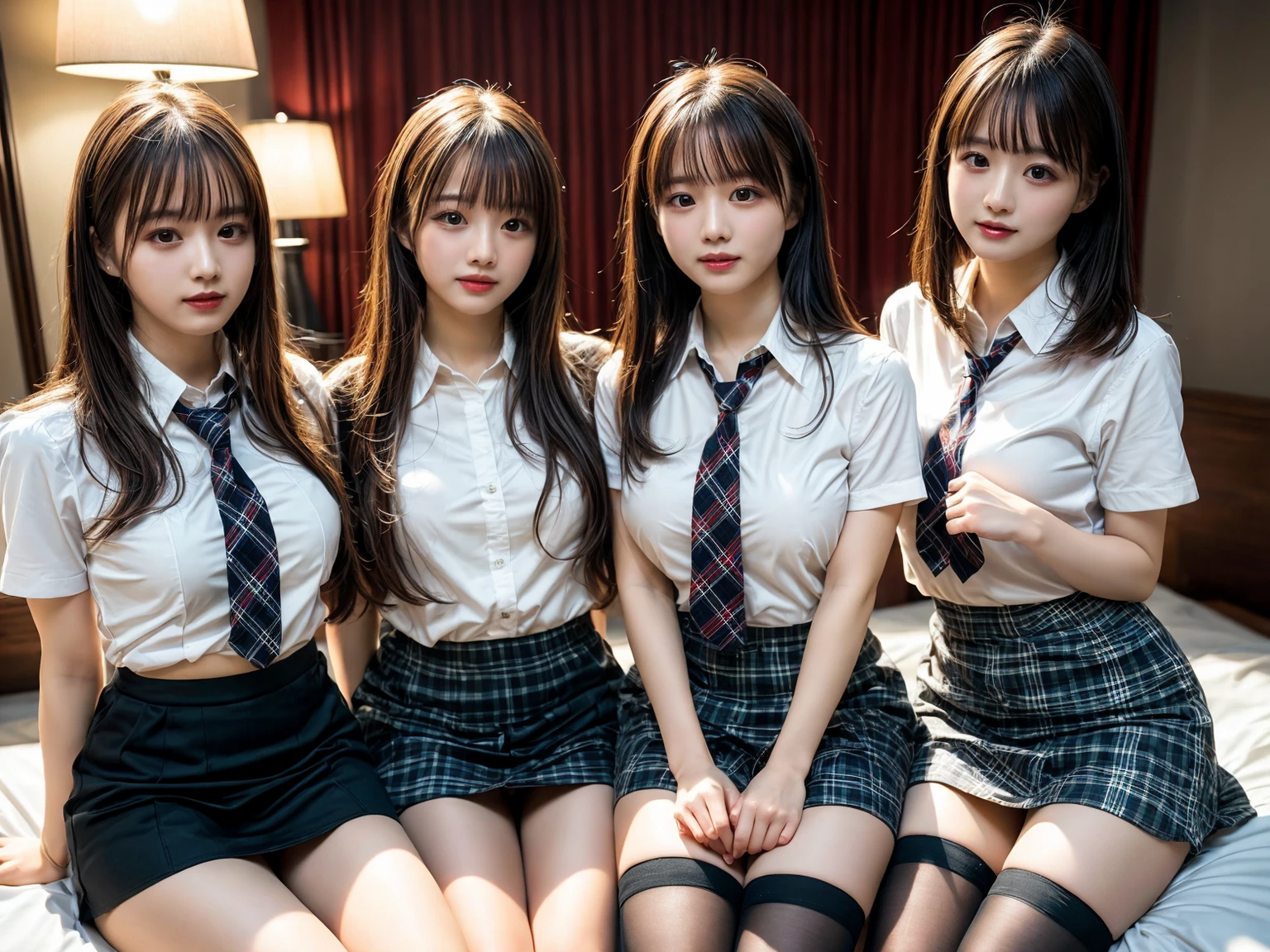 NSFW, ((masterpiece, highest quality)), (Super detailed), ((super cute)), (Multi-point), ((very detailed)), 4k, highest quality, (beautiful), hyper cute face, hyper genuineistic, Close-up, clear outline, (three girls, 3 cute girls:1.5), (school girl uniform :1.5), ((beautiful eyes)), (leaning forward:1.5), (upskirt:1.5), big breasts, romantic ambiance,