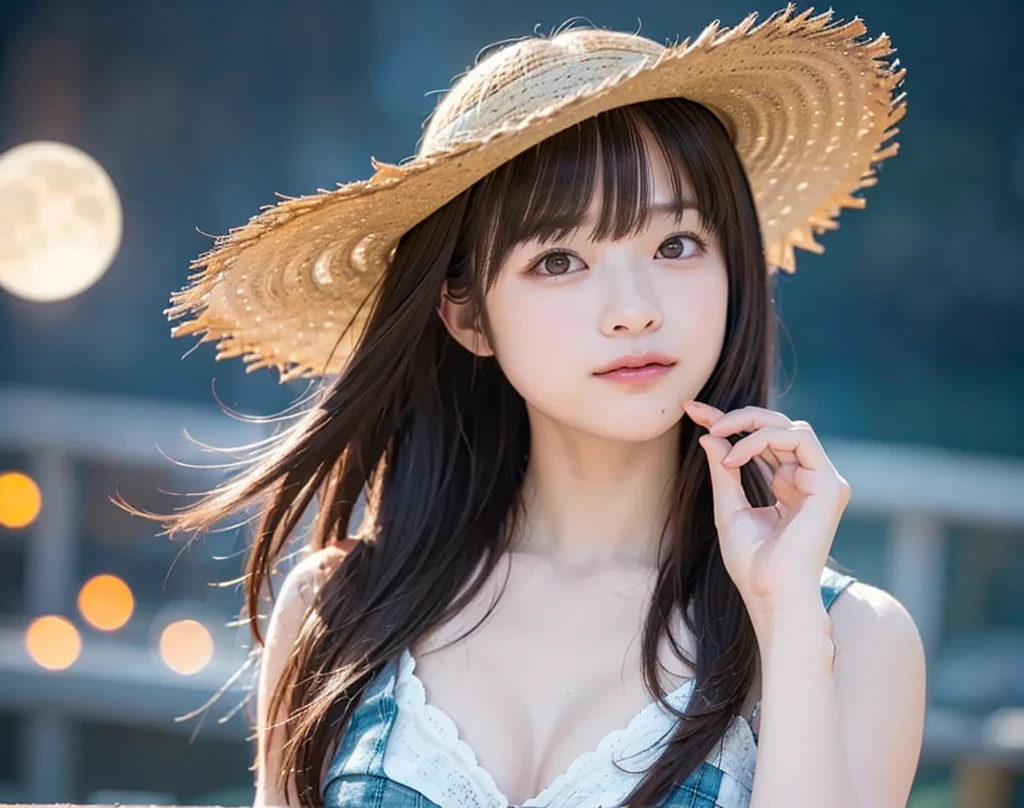 highest quality, masterpiece, ultra high resolution, (realistic:1.4), RAW photo, 1 girl, 、With a round face、slim、flat body、slender body、cute、、(close up of buckshot:1.3)、、straw hat、(((look back)))、Mountain、off shoulder、strapless