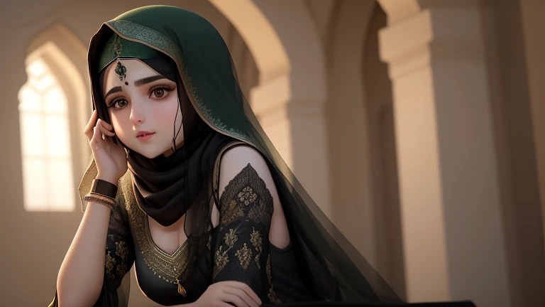 a close up of a woman wearing a black dress and a scarf, a colorized photo inspired by Ambreen Butt, trending on cg society, hurufiyya, traditional beauty, wearing an elegant tribal outfit, khyzyl saleem, kyza saleem, beautiful iranian woman, with professional makeup, with accurate face, very extremely beautiful, accurate depiction