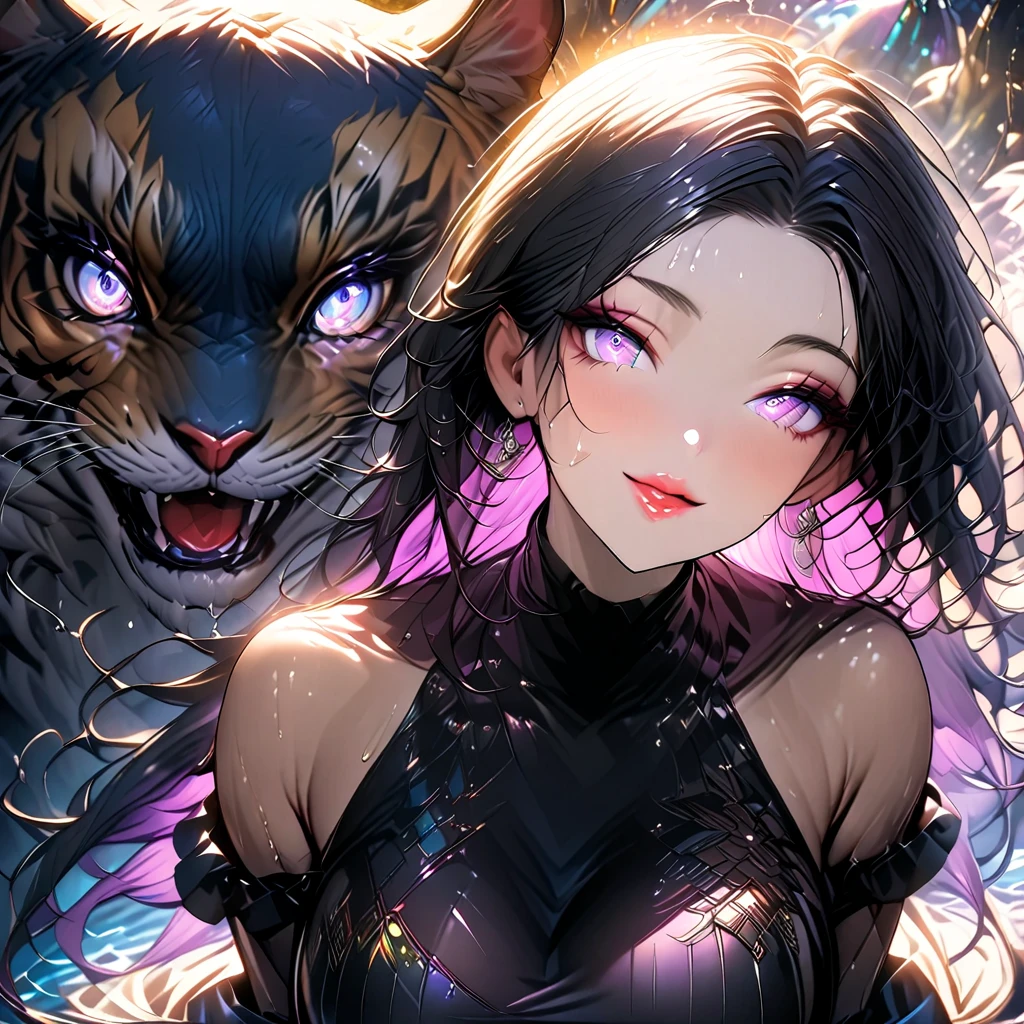 8K,gal,Beautiful and realistic skin,Shiny jewel-like earrings,pink glowing tattoo,Long colerful hair,blue eyes,Night view,Sparkling landscape,whole body,Leopard print clothes,Black lion sleeping
