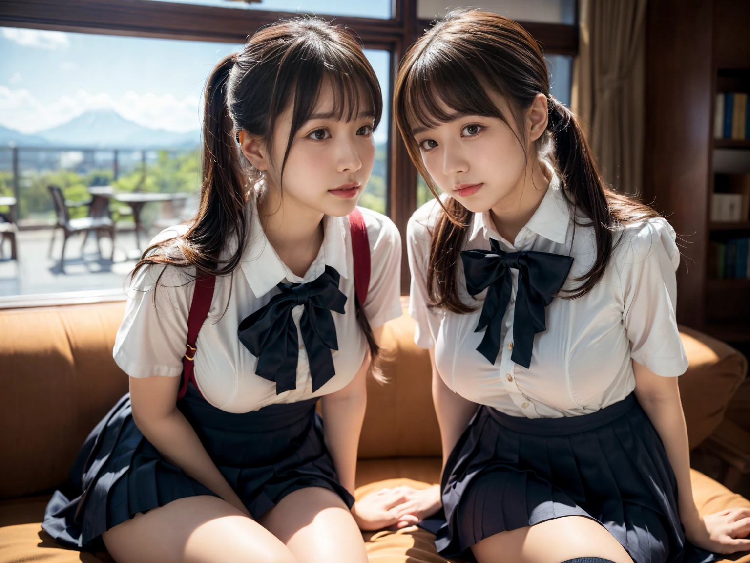 masutepiece、Ultra High Quality、Perfect Anatomy、hight resolution、2 girls in、(Face each other and press chest to chest:1.8)、Shoot from above、(((short-hair)、Beautiful black hair))、(Beautiful eyes、A detailed eye、drooing eyes、Natural eyes)、(ultra gigantic tits:1.8)、((Sitting on a bench、Beautiful legs、((Closed legs))、(Hands between the legs)、(Chest between arms)))、((School uniform、(Tight white blouse shirt:1.4)、(Plaid miniskirt)、(bowtie)))、hi-school girl、In the street、Daytime