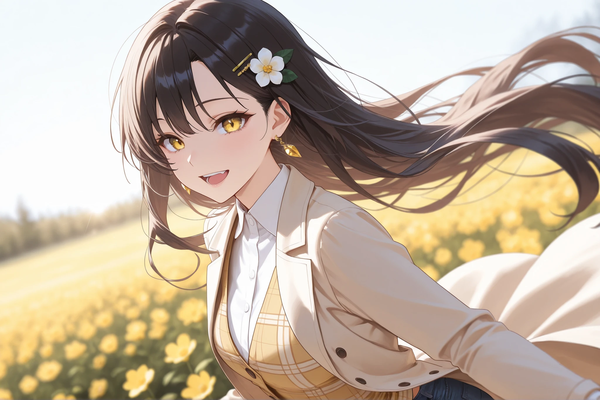 score_9, score_8_up, score_7_up, masterpiece, best quality, detailed face, 1 girl, solo, beautiful, modest chest, slender body, mature, light makeup, adorable, sharp eyes, open mouth, bright smile,
Very long hair, wavy black hair, side bangs, short tidy bang, vibrant yellow eyes, gold earrings, flower hair_clip, beige coat, plaid yellow vest, white formal shirt, jeans,
Outdoor background, morning, jasmine garden, depth of field, dancing around garden, hair flow, bloom, soft lighting, best composition, dynamic, looking at viewer, close up view, from the side, from the front,