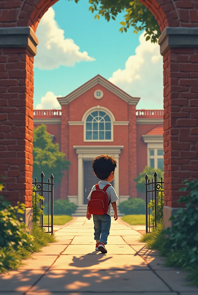 A boy with a blue backpack entering the university to study nursing