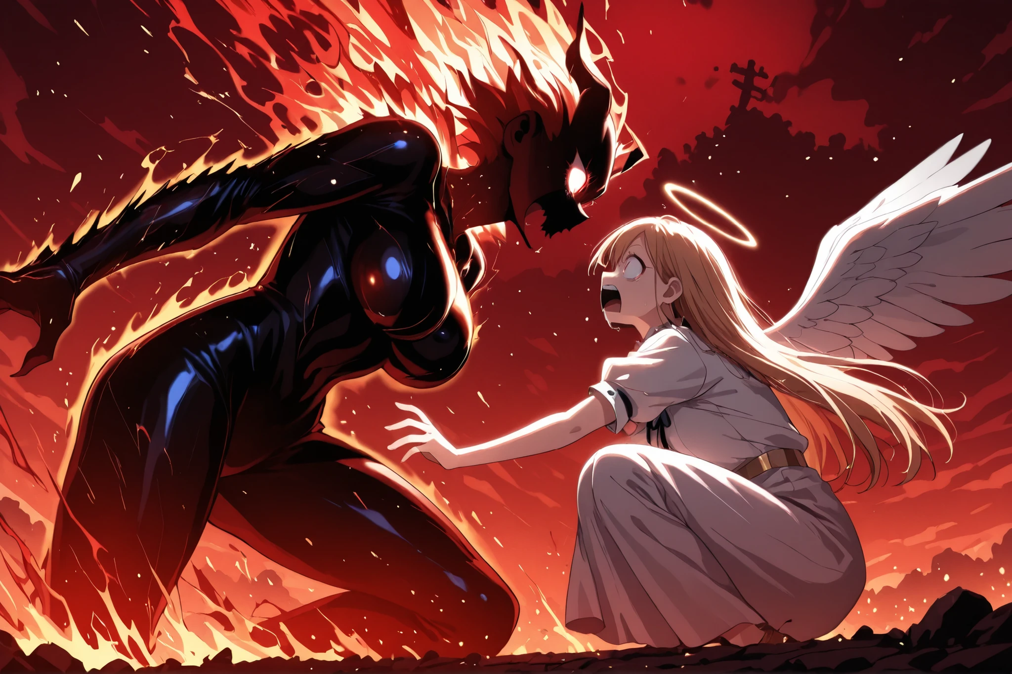 angel scared, (angel: PEOPShockedFace,shocked face,eyes popping out,mouth open,animecartoon):1.5, perfect fingers, perfect eyes; Quality: masterpiece, best quality, amazing quality, ultra-detailed, highly aesthetic, absurdres, (4k,8k,Ultra HD), newest, very awa, highres; glowneon,glowing,sparks,lightning, hauntedglow, glowing eyes, nfxlyria