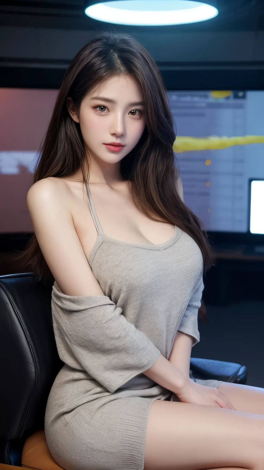 Masterpiece, Top Quality, Ultra High Definition, Colorful, Flat Color 1 girl, watching viewer, girl in the korea karaoke, sweaty cheeks, detailed texture, white blouse, blue jeans, deep cleavage, beautiful detailed face, adult atmosphere, exposure, upper body up, TV background, (black wave hair with bangs), big: 1.4, ANNAA, (Looking at a phone)