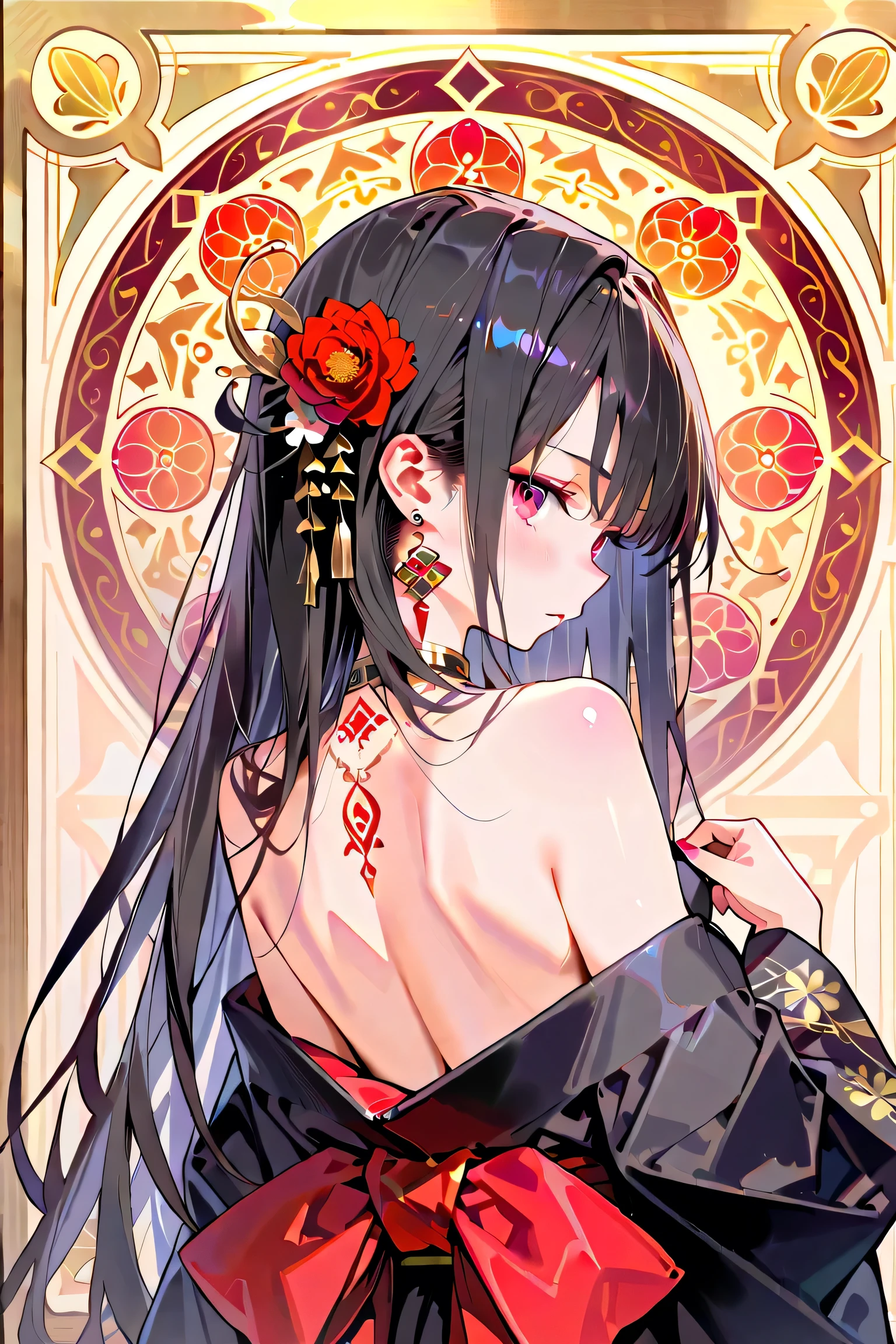 (masterpiece, best quality:1.4),
high_resolution,super_fine_illustration,detailed_skin,detailed_face,detailed_eyes,
Set against a vibrant tapestry of mandala designs and blooming flowers,
a fox-eared girl dressed in a traditional haori glances back,
The colorful patterns swirl in an almost hypnotic dance of shapes and hues,
framing her silhouette with a rich sense of cultural mysticism,