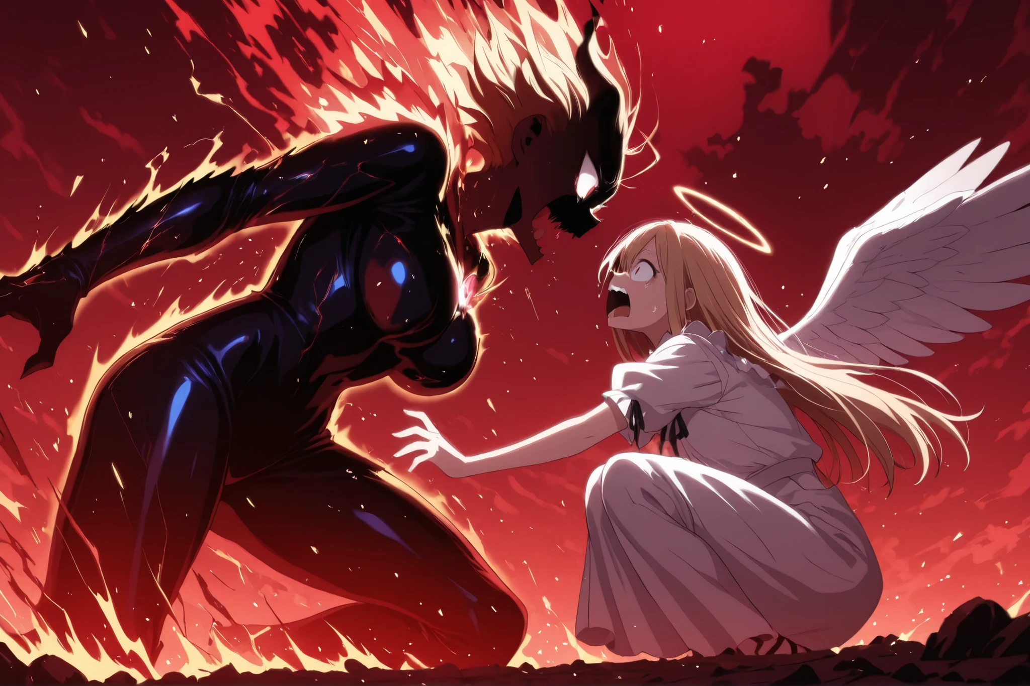 angel scared, (angel: PEOPShockedFace,shocked face,eyes popping out,mouth open,animecartoon):1.5, perfect fingers, perfect eyes; Quality: masterpiece, best quality, amazing quality, ultra-detailed, highly aesthetic, absurdres, (4k,8k,Ultra HD), newest, very awa, highres; glowneon,glowing,sparks,lightning, hauntedglow, glowing eyes, nfxlyria