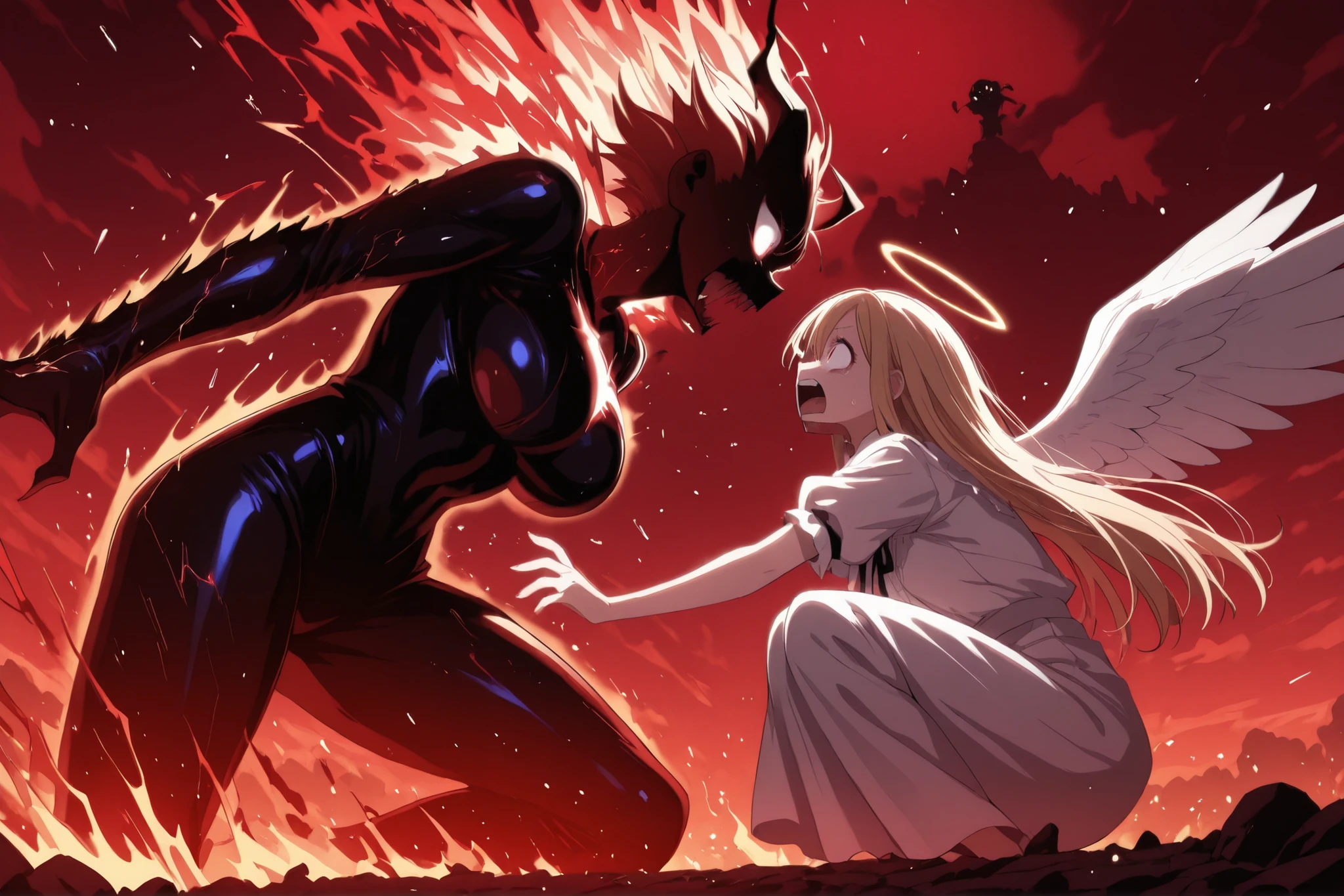 angel scared, (angel: PEOPShockedFace,shocked face,eyes popping out,mouth open,animecartoon):1.5, perfect fingers, perfect eyes; Quality: masterpiece, best quality, amazing quality, ultra-detailed, highly aesthetic, absurdres, (4k,8k,Ultra HD), newest, very awa, highres; glowneon,glowing,sparks,lightning, hauntedglow, glowing eyes, nfxlyria