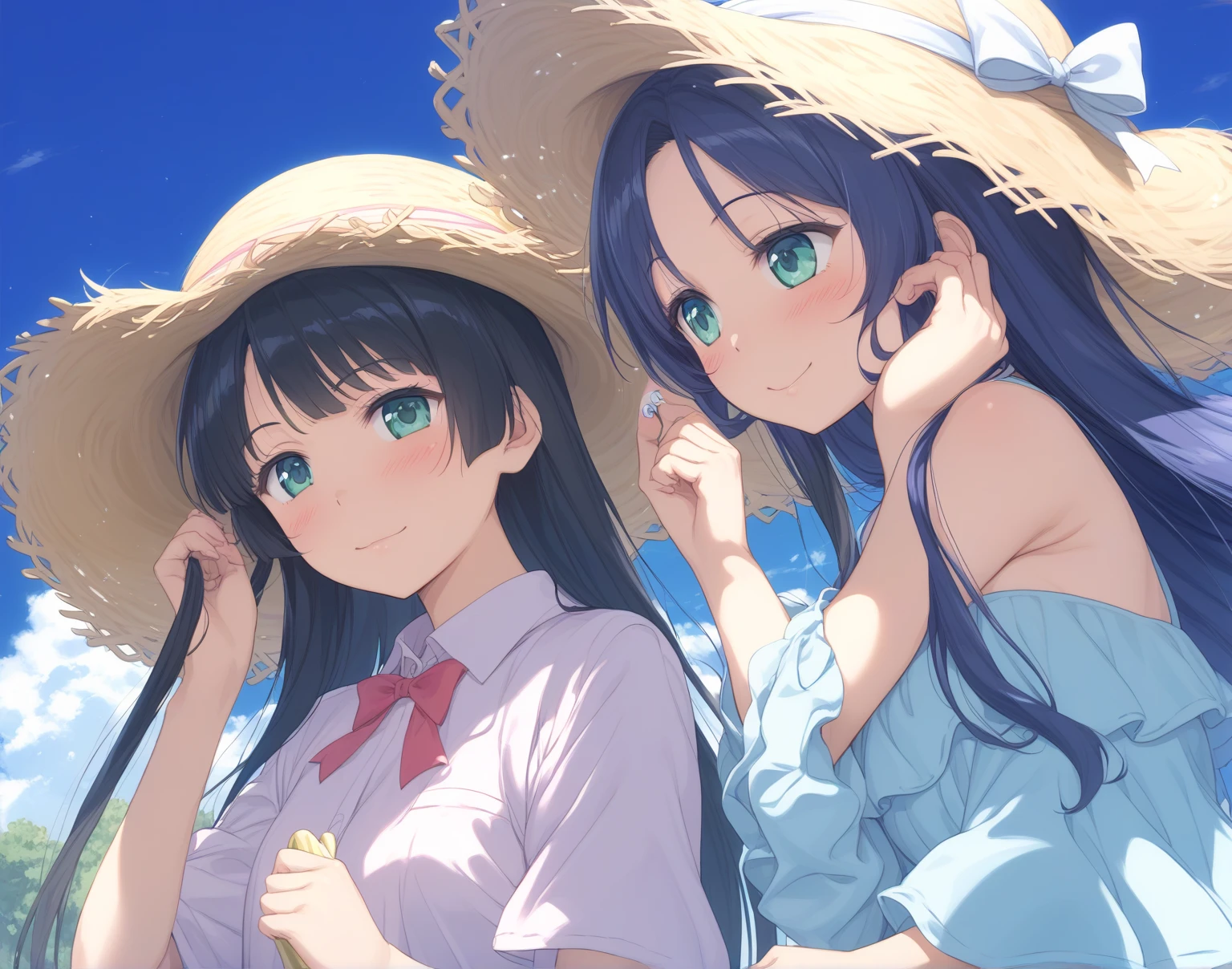Highest quality,Unity 8k wallpaper,One Girl,Alone,,Glamorous Body,cute,smile,Emerald green eyes,Black Hair,long hair,Bust Shot,A butterfly on my index finger.々Stops,On the fence,Cross your arms,Resting one's head on both hands,A pale pink dress,Straw hat on the head,Summer in full swing,