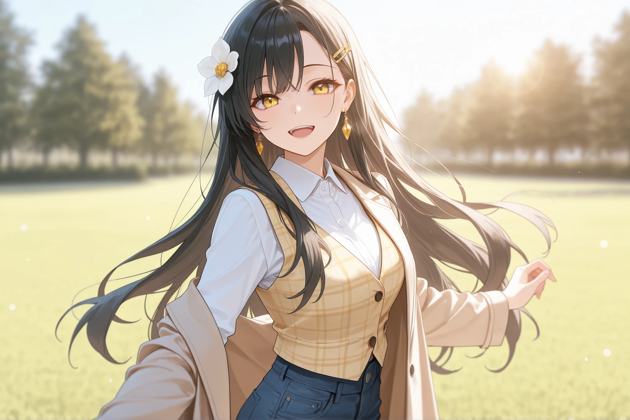 score_9, score_8_up, score_7_up, masterpiece, best quality, detailed face, 1 girl, solo, beautiful, modest chest, slender body, mature, light makeup, adorable, sharp eyes, open mouth, bright smile,
Very long hair, wavy black hair, side bangs, short tidy bang, vibrant yellow eyes, gold earrings, flower hair_clip, beige coat, plaid yellow vest, white formal shirt, jeans,
Outdoor background, morning, jasmine garden, depth of field, dancing around garden, hair flow, bloom, soft lighting, best composition, dynamic, looking at viewer, close up view, from the side, from the front,