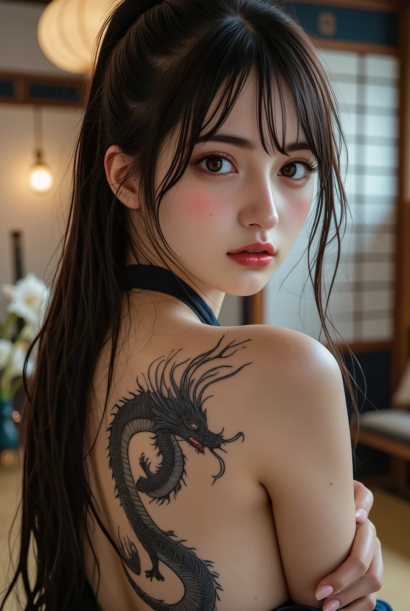 (Canon), (EOS R5), (50mm), ((解剖学的にaccurate人体構造)), (((Photorealistic:1.5))), ( No Lens Flare :1.5), ((超high resolution)), (masterpiece), accurate,(realistic textured skin), Super Detail, absurd, realistic, High Quality , winning work, 最High Quality, 32K, depth of field, digital camera, Award-Winning Photos , (Professional bright lighting), ((最High Quality:1.5)), ((masterpiece:1.5)), ((realistic)), high resolution, (とても美しくて綺麗な1 personの日本人女性), (1 person), ((Beautiful and beautiful 25-year-old Japanese)), ((upper body shot with the back side oblique on the back side:1.5)), ((Upper body shot from head to knee :1.5)), (((美しい花柄がある黒色の着物を腰辺りまで着崩して両方の肩と背中と背中一面に描かれたかなり大きな登り龍の和彫りの入れ墨とお尻を見せるSemi-nudeの上半身撮影:1.8))), (((I can see a fairly large Japanese tattoo of a climbing dragon drawn all over her back from the bottom of her neck to her hips and buttocks:2.0))), (((Big dragon tattoo with red eyes))), (Japanese carving tattoo of a lily flower on the upper arm of both arms), ((A half-naked Japanese woman wearing a Japanese black kimono showing her back and a pretty large Noboriryu tattoo Looking back here:2.0)), ((Shot in an old Japanese-style house in Japan )), ((I'm sitting on a dark red Japanese-style cushion on a beautiful tatami mat in a luxurious Japanese-style room:1.5)), ((Dim Japanese-style room at night)), (( showing cleavage between the lattice-shaped shoji and floor :1.8)), ((Japanese-style lighting faintly illuminates her back and face)), (((I'm wearing a Japanese black kimono in a big disguise,no underwear, no shoulder straps , Semi-nude:1.8))), (((A pretty large climbing dragon tattoo that is powerful all over her back:2.0))), (((no underwear:1.5))), (((The black kimono comes off to the bottom of my waist and dragon tattoos on my shoulders, back, and back look big:1.8))), ((It shows a bewitching beauty)), ( beautiful black hair ponytail), Very beautiful and sexy, charming beauty, Seductive Poses, height 160cm, Slim Figure, ( beautiful shaped big bust ), (I can see my beautiful nipples and large areolas), E cup, (((very pretty and smiling smile:1.8))), (alone:1.5), (brown eyes:1.9), ( Detailed depiction of extremely realistic skin ), (Highly detailed, realistic eyes:1.9), ( extremely beautiful long realistic eyelashes ), (Highly detailed, realistic eyebrows), (丸いbrown eyes :1.8), ( beautiful catchlight on the eyes), (Realistic lips with moisture ), (White Realistic Teeth Arrayed Neatly), ( Beautiful and Detailed Face :1.6), (hourglass figure:1.6), (Wasp waist :1.5), (A beautiful white lily flower can be seen on the side of a perfectly round and beautifully shaped bust:1.8), ( clearly contoured cheekbones :1.5), (perfectly shaped body :1.8), (Healthy body :1.8), (Narrow shoulders:1.9), (looking back and staring at me), (mesmerizing gaze), (Beautiful, natural-looking hands), (beautiful pink nails with a beautiful length), (( show your hands as little as possible )), (Very beautiful smile:1.1), (You can see skin on your shoulders, back, waist, and butt:1.4), Intricate and detailed, colorful depiction , ((A red Japanese kimono with a beautiful floral pattern designed like an orchid:1.5)), (((The kimono is large and the shoulders, back, and butt are quite exposed:1.8))), (((Off Shoulder:1.8))), ((A beautiful red Japanese kimono with a beautiful flower pattern )), ((Kimono with a flower pattern on red fabric)), ((I can see my beautiful nipples and large areolas)), ((Realistic female genitals and anus can be seen)), (I have a lot of pubic hair), ((I can't show my feet)), Flower Hairpin, (I can see ikebana on Japanese-style furniture behind), extremely sexy sensual body , sexy woman, like々Sensual Elegance, sexy body, sexy look, sitting on tatami mats in a luxurious Japanese-style room , Shot taken from an oblique front , (I have beautiful white lily flowers arranged in a vase), ((Japanese swords are displayed sideways on a sword stand between the floors)), Japanese style hairpin, Japanese Style Hair Ornament, A gentle-looking face, thin waist, (Can see the side of a beautiful, well-shaped bust), blur background, Illuminate the face, dynamic pose, beautiful body line , Beautiful, realistic skin , Art Photography, beautiful soft writing, ( color temperature 5500K )