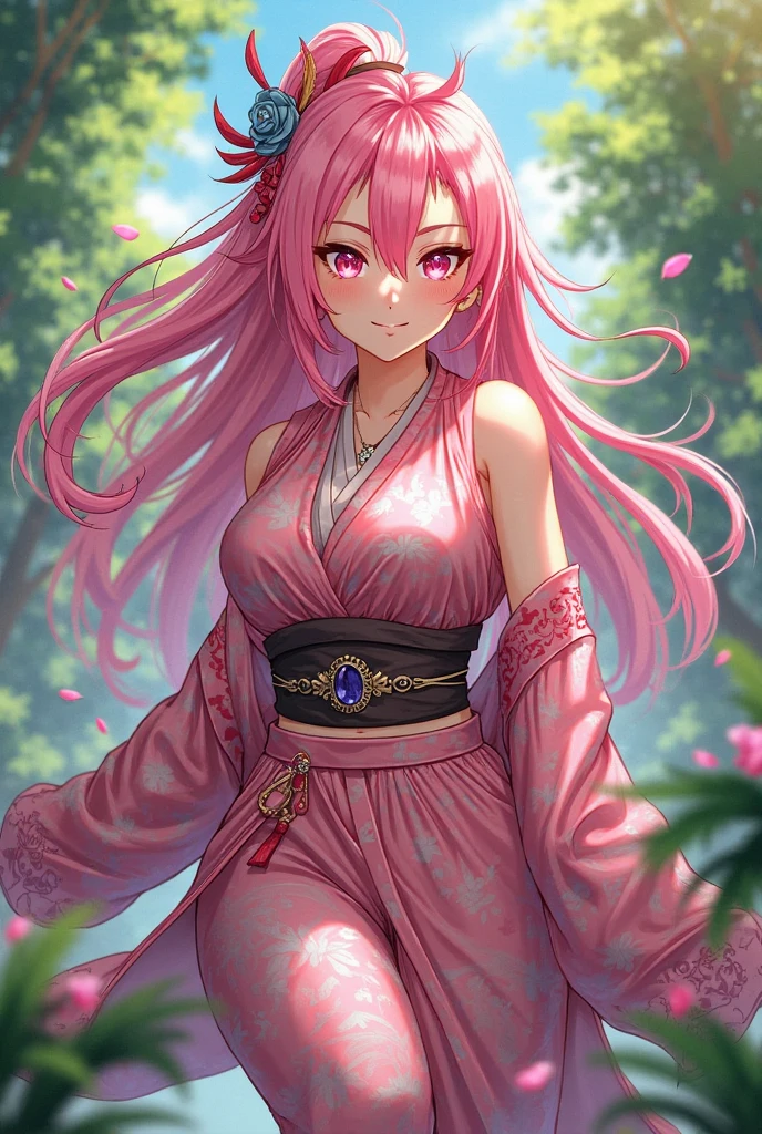 High quality masterpiece, sakura haruno, An anime woman with pink hair and green eyes with big breasts, very stylish dress, sakura haruno, Digital art style, high resolution, realistic ART, sakura haruno, Harunos Sakura, Solo, 1 girl, long hair, long hair, Fairy Queen, tall, Beautiful and very detailed
