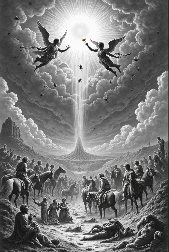 gustavedore  realistic illustration of an epic battle in the apocalypse , demons, angels  and gods , mass of corpses, a storm, god light  in the sky ,detailed, realistic, intricate, <lora:gustavedore:0.9>