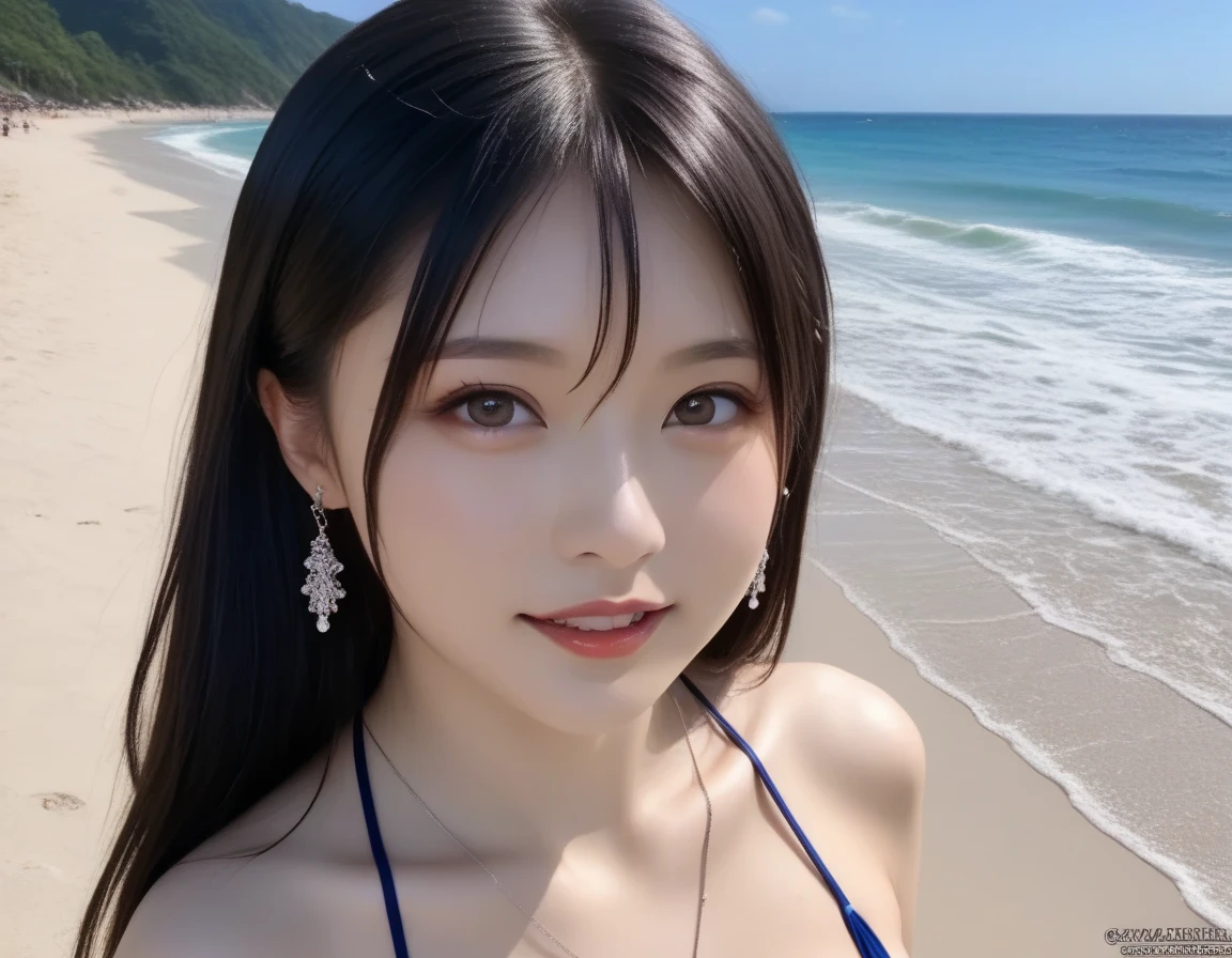 portlate、hiquality、highcontrast８ｋ、portlate、Beautiful woman in a swimsuit at the seaside、japanes、A dark-haired、Longhaire、a white bikini、Slender body、Bursting smile、Lying on the sandy beach