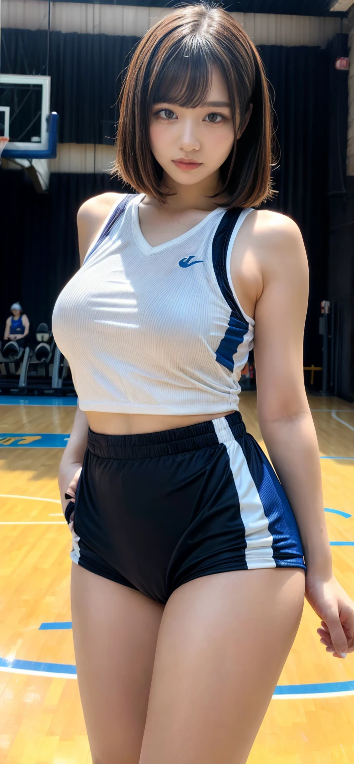 Highest quality、Face focus、Ultra-high resolution，Light、(Depth of written boundary)、Ultra-high resolution、(Photorealistic:1.4)、Thin, tight-fitting uniforms, Raw photo、(On the feet:1.4)、(Landscape)1 Japanese girl、I can see my belly button, solo、Handsome、(Shy、Laughter:1.1)、(Brown eyes)、Beautiful face in every detail、(Hair length)、High angle shot、Center View、Asian woman wearing a transparent sleeveless top standing at an athletics stadium、Amazingly cute girl、short hair、Competition uniforms、Wearing a sprint uniform、Surreal 、Surreal 、 Pause、Esbian all over、Beautiful skin、Glowing Skin、Nice thighs、Lightる太もも、Shining Legs、Above-the-knee socks、Japanese High School 、Idol、Inviting eyes, (Nipples covered:1.2), Thick waist, Thin fabric clothing, Thin, see-through shorts, Shorts line,