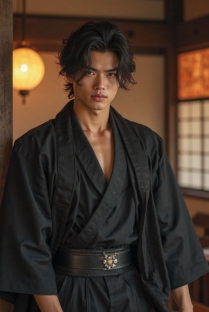 1 male character, 25 years old, vibrant green eyes, short jet black curly hair with a middle part, scar on right eye, no kimono, silver metal fans, slight profile view, highly detailed face, anime style, hyperrealistic, 8k, intricate details, dramatic lighting, vivid colors, moody atmosphere
