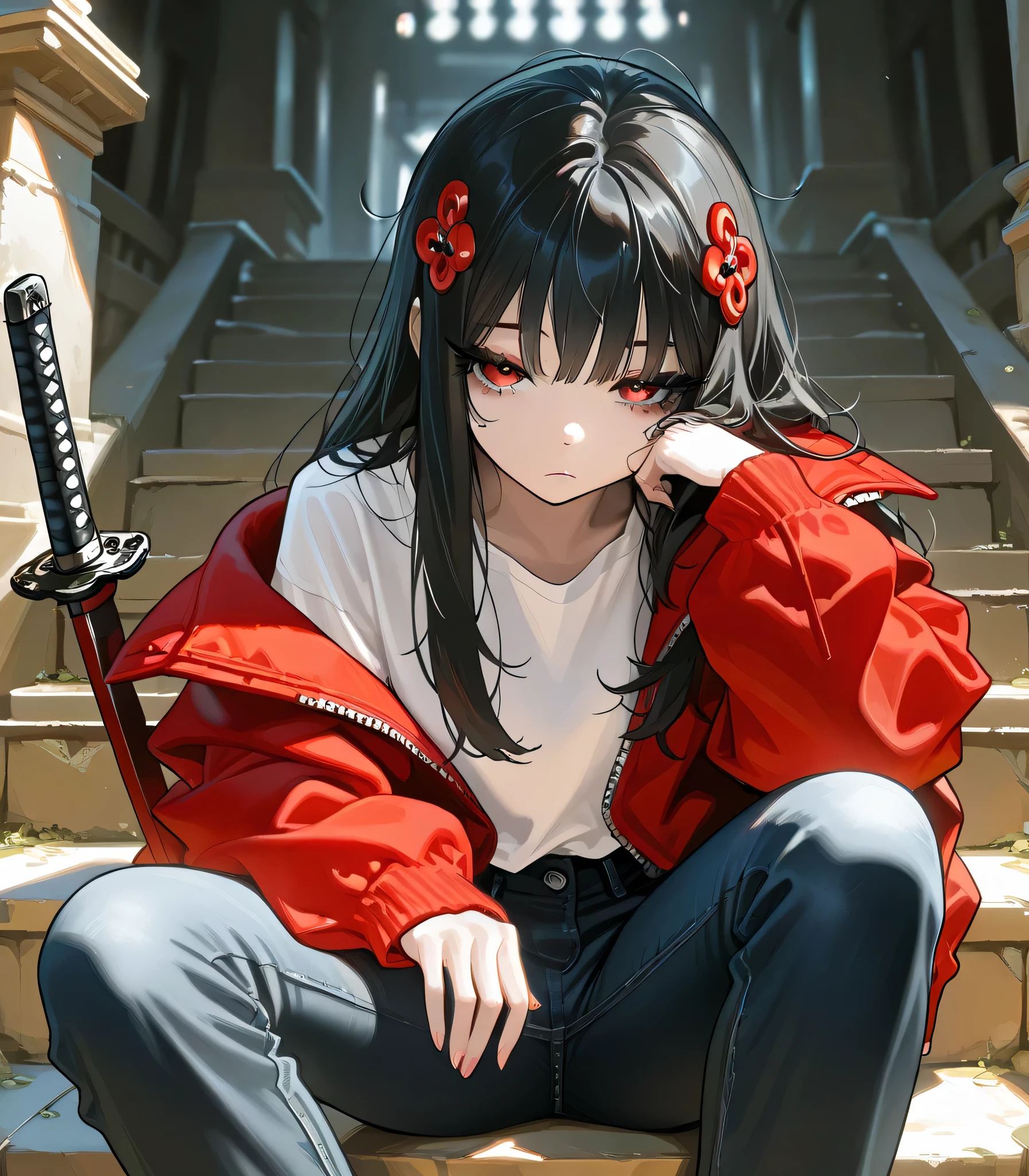 1girl, Long Black Hair,Hair ornament,Red eyes,Long black eyelashes, looking at viewer,she wearing a fur red jacket, white shirt, black mini jeans, sitting,(Temple stairs), abandoned Temple,(Sleepy),Bored face, Katana, intricate detailed, masterpiece, smooth coloring,HD,