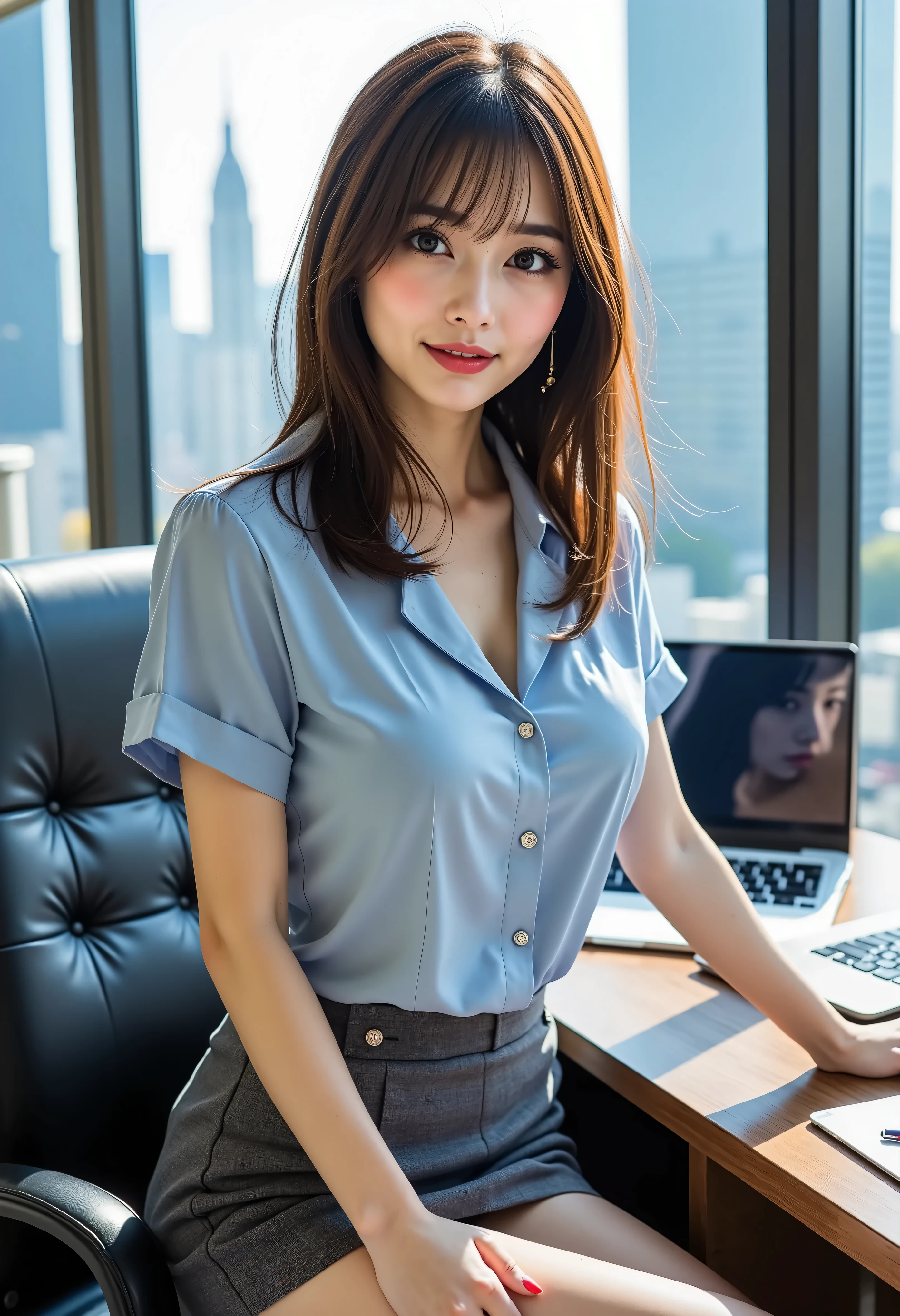 (Canon), (EOS R5), (85mm), ( No Lens Flare :1.5), ((解剖学的にaccurate人体構造)), (超high resolution), (masterpiece), accurate, (realisticな質感の肌), Super Detail, High Detail, High Quality , winning work, 最High Quality, 32K, depth of field, digital camera, award-winning glamour photo , Professional Writing, ((最High Quality:1.5)), ((masterpiece:1.5)), ((realistic)), high resolution, (Sometimes Wears a Black Suit), ((高層ビルにあるCompany Officeでの全身撮影 :1.5)), (( beautiful and beautiful, 23 year old Japanese secretary)), ((beauty secretary)), (College Graduated and Highly Educated), (Elegant and High Class, (wearing a gray suit hanging on the back of a chair {x} in a short-sleeved pink blouse), (Company Office), Perfect looks, beautiful and fluffy brown straight long hair, ((very sexyなポーズ)), charming beauty, Seductive Poses, height 158 cm, (Slim Figure), ( beautiful shaped big bust ), E cup, ((seductive expression)), (Sweat on the forehead), (cheeks turning red due to heat and sexual arousal), ((showing her sweaty cleavage:1.5)), ((sticking her bust forward and showing it here)), ((I can see my beautiful nipples and large areolas)), ((the light blue blouse gets sweaty and the gorgeous dark blue lace bra can be seen through)), (Tight, thin waist), (beautiful brown long hair :1.5), ( very cute smile:1.5), Stylish Gold Earrings, Stylish gold necklace , Detailed facial features, Extremely detailed body, (Extremely detailed and realistic skin :1.5), ((Extremely Detailed Realistic Brown Eyes:1.5)), (( extremely sexy beautiful eyes :1.5)), (( extremely detailed attractive and moisturized lips :1.5)), (( Extremely Detailed Beautiful Eyebrows :1.5)), (( catchlight in the eyes )), ((Extremely Detailed, Attractive, and Moisturized Lips:1.5)), (( white teeth beautifully arranged )), Highly detailed , Working in an office,(remove the front button on the light blue short sleeve blouse and see through the dark blue lace bra {x} Showing bras:1.3), (super elite secretary wearing a gray tight skirt), Wear Black Leather High Heels,Woman wearing a light blue shirt, Wear a gray tight skirt, wearing black stockings There are, ((sitting on a dark brown computer chair)), (Sometimes Standing Next to a Desk), (Laptops, smartphones, documents, files, pens, etc. are arranged and placed on the desk), You may be sitting cross-legged, bright atmosphere, ((very sexy)), ((Cool Beauty)), light blue short sleeve silk blouse, gorgeous dark blue lace panties may be visible, ( show your hands as little as possible )), accurate手の形,accurate手の指の形,accurate手の指の数,5 fingers on one hand , accurate脚の形,accurate足の指の形, accurate足の指の数, Five fingers on one foot, ( color temperature 5500K ),