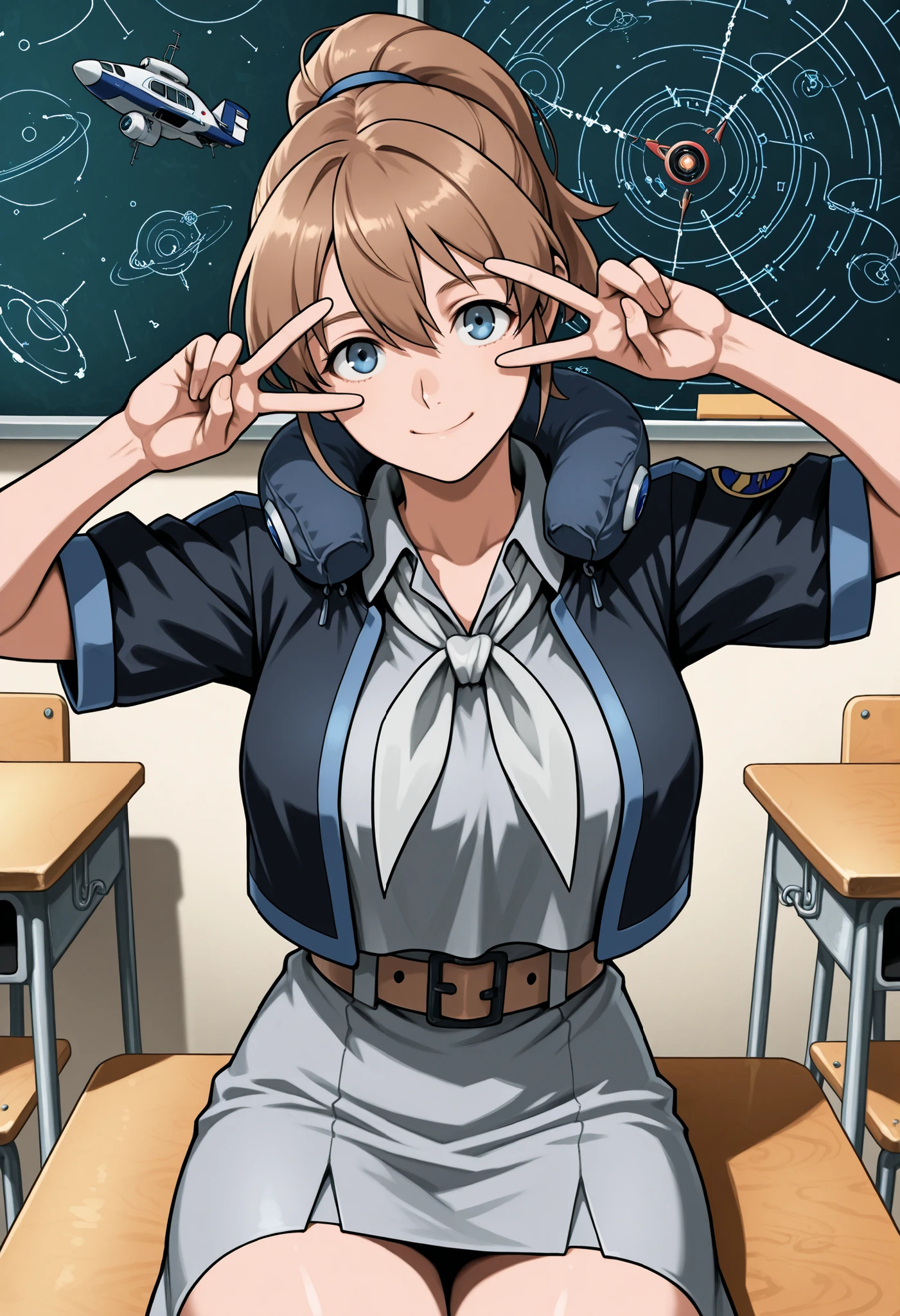 Intrepid (Intrepid(fleet this)),score_9, score_8_up, score_7_up, source_anime, Brave, blue eyes, short hair, brown eyes, ponytail, hair between eyes, Big Breasts, hair tie, Black Jacket,   color jacket , Cropped jacket, gray dress, miniskirt for ears, neck Pillow,  Clothes, An open collar jacket placed on the course, Pillow, Short sleeve, skirt for ears, neckerchief, grey neckerchief, belt, Classroom,  blackboard ,  Orbital Space , study, is sitting, , Machine,, smile, Viewer, v, v over eyes,, alone,, Cowboy Shooting, Dutch angle in the house
