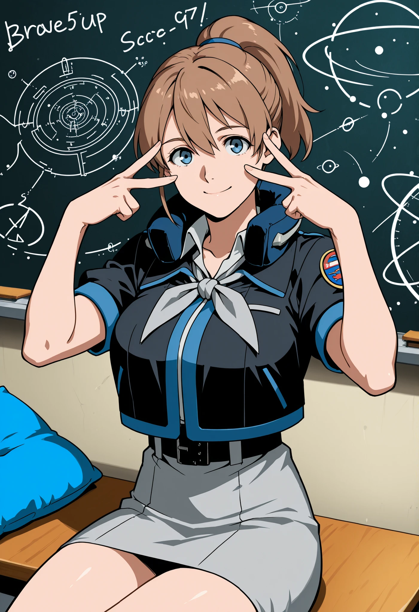 Intrepid (Intrepid(fleet this)),score_9, score_8_up, score_7_up, source_anime, Brave, blue eyes, short hair, brown eyes, ponytail, hair between eyes, Big Breasts, hair tie, Black Jacket,   color jacket , Cropped jacket, gray dress, miniskirt for ears, neck Pillow,  Clothes, An open collar jacket placed on the course, Pillow, Short sleeve, skirt for ears, neckerchief, grey neckerchief, belt, Classroom,  blackboard ,  Orbital Space , study, is sitting, , Machine,, smile, Viewer, v, v over eyes,, alone,, Cowboy Shooting, Dutch angle in the house