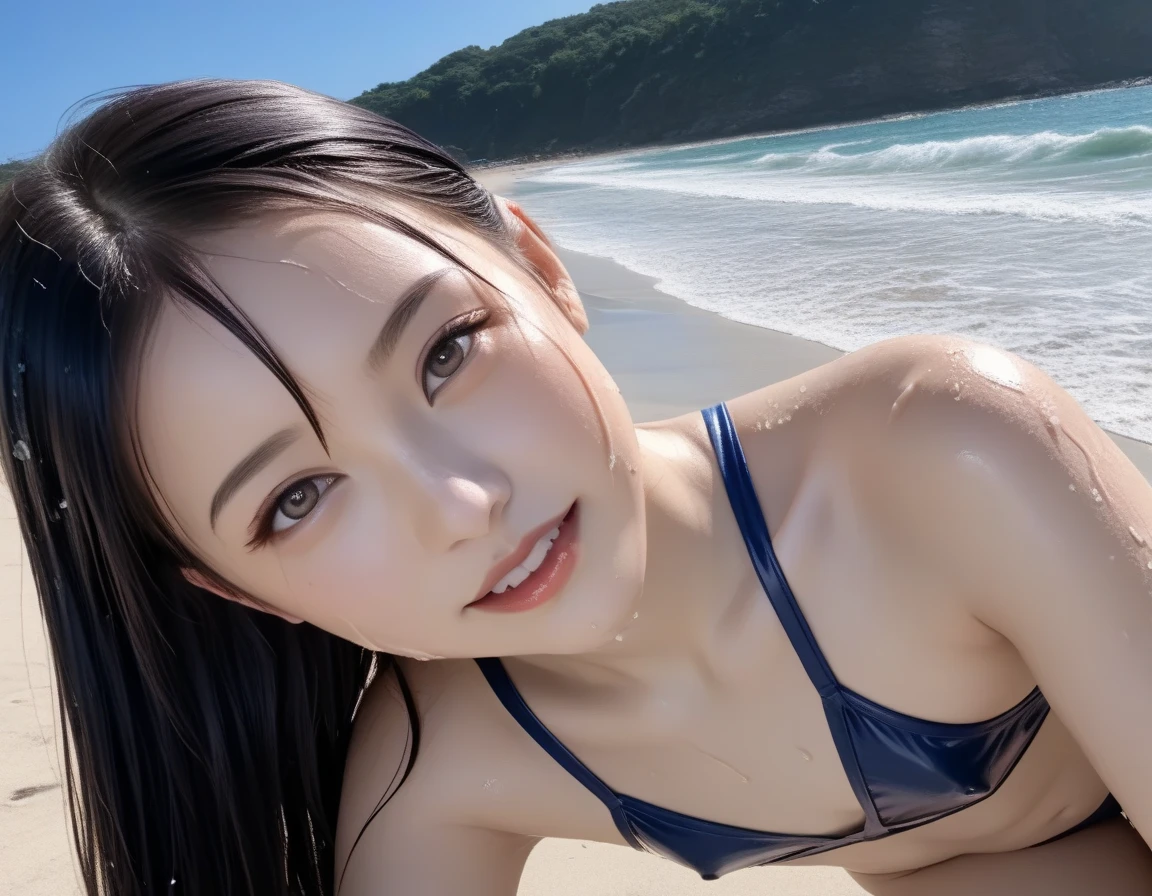 best quality, on the table, ultra high resolution, (lifelike:1.4), original photo,1 Oriental beautiful girl,,cosmetic,(lipstick:1.1),(Eyeliner:1.2),mascara,eye shadow, Attractive, plump,Blonde and brown hair, medium hair, asymmetrical hair, curls, asymmetrical bangs,(Shiny bikini),(from below,Sky:1.2),laying on a beach,(thigh focus:1.3),blue hour,(wet:1.2) break in,camelto,Staddle riding,camelto,Expose pubic bone，