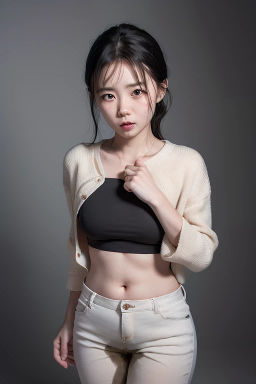 girl in winter scene, Short belly down jacket, Exposed lower abdomen，Low-rise pants, Metal belt, Seven-point lens, The abdomen is completely exposed, Detailed facial features, beautiful eyes, Lips, and long eyelashes, Reality, 8K, Very detailed, Studio Lighting, Dramatic Lighting, Vibrant colors, work, Cold winter atmosphere