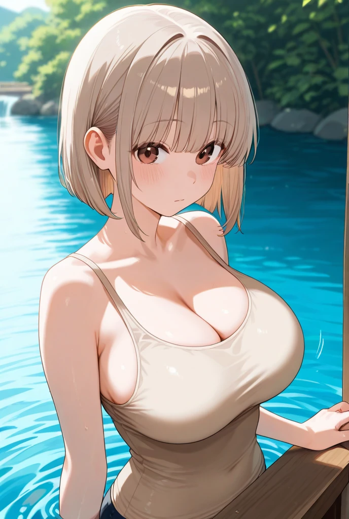 Perfect composition,masterpiece, (Highest quality), Adult women, bionde, Hair length, Side Ponytail, Purple eyes,sweater, skirt,Huge Cleavage,Sexy woman, Embarrassing,blush, Bright colors,,Natural soft light,RTTX 10.0, (Detailed face:1.2), Showcase, (Perfect Eyes:1.1) ,(Photorealistic:1.1), 8k Ultra HD, Look at the viewers, Seaside, beach, Simple Background,(Cleavage:1.4),Tremendously large bust,Huge bust,(throw,Close-up shot:1.2),From the top of the head to the waist,