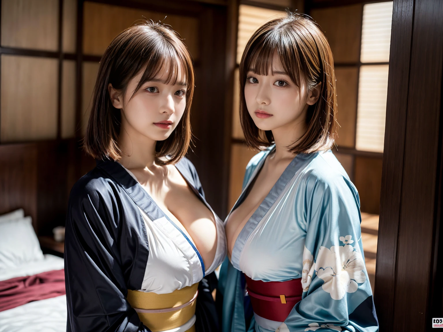 ((Highest quality)), ((masterpiece)), (detailed), Three Girls, sexy、Blonde、ponytail、Voluminous Hair、Messy bangs、Big Tits、Japanese Shrine Maiden、Japanese Shrine Maiden、Glasses、