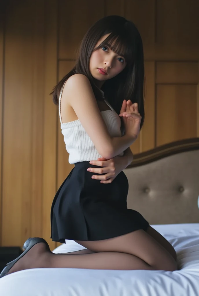 Wearing a skirt and high heels、An Asian woman squatting in front of you with her legs spread in an M-shape, High school girl posing, Cute school girl, Spread your legs、I can see your cute white panties、I can see the slit of your panties、Rear camera angle from below、that'A little lower、Look straight into the camera、, From above, From behind, Dutch Angle、 Japanese girl , wearing Japanese , Japanese , Young and cute gravure idol, a Surreal , Surreal , realistic Young Gravure Idol, Young Gravure Idol, Young and sexy gravure idol、(Crotch close-up )information (SNFW)