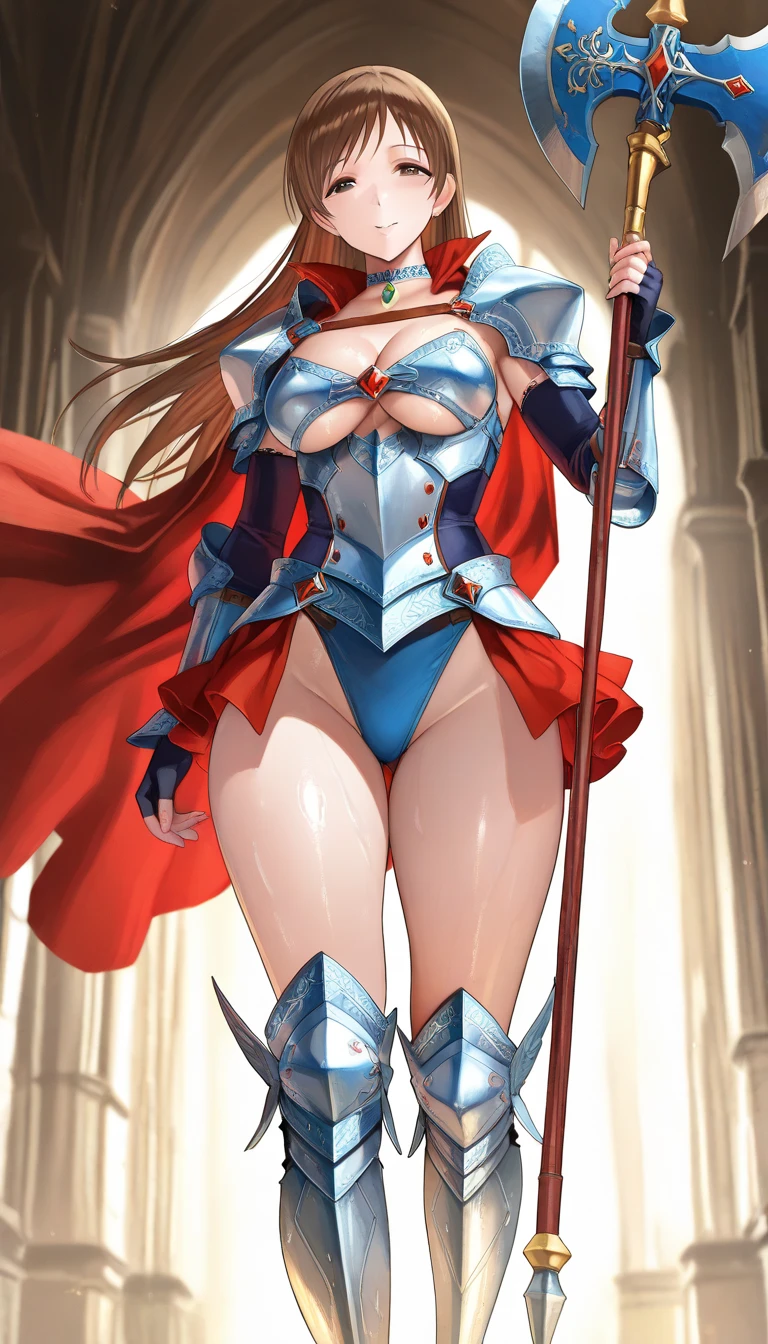 Masterpiece, Best Quality, 1girl, medium boobs, perfect body, pauldrons, cape, shoulder armor, black hair, ponytail, stern look, smile, blue eyes, white leotard, highleg, highleg leotard, leotard, groin, cleavage, knee boots, golden armored boots, black gloves, full gloves, golden gauntlet, garuda helm, castle, outdoor, day, standing, full body, knight, transparent, see through, nipples, covered nipples, pussy, covered pussy, solo, solo focus