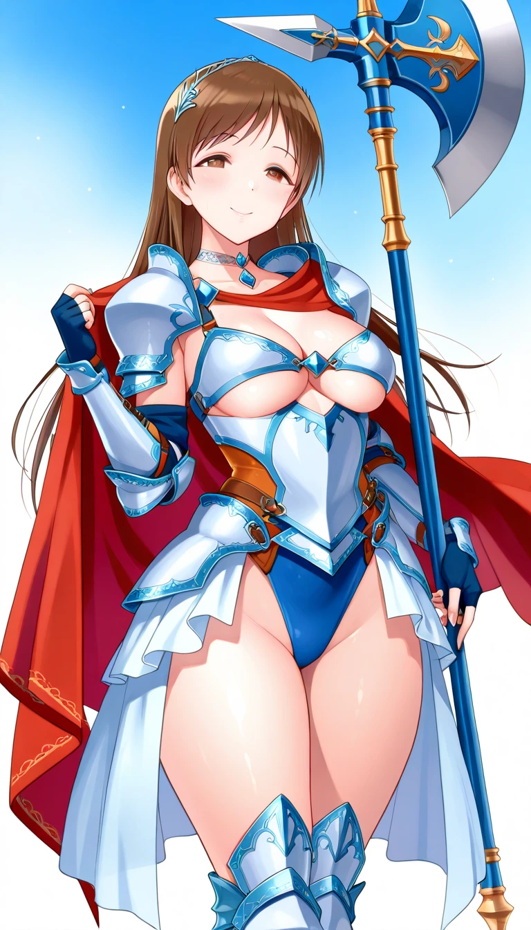 "(masterpiece:1.1), best quality,
1girl, (80s anime style:1.3), (lip stick:1.4), (eyelashes:1.5),(:1.2),
(intricate high detailed body:1.2),
brown hair,
(forehead, parted bangs, hairclip:1.1), (long hair, straight hair:1.1), (headband:1.2),
blue eyes,
(tanned skin:1.3), (curvy body:1.1), (small breasts, flat chest:1.1),
laughing, open mouth,
(silver embroidery leotard armor, underboob cutout:1.2), (garter belt:1.1),
(spiked knight armor, armored boots, capelet:1.2), (ribbon:1.1), (earrings:1.1), collar,
standing, hand on hip,
(upper body, cowboy shot, looking at viewer, from front:1.1),
(daytime, grassland, outdoors:1.1)"