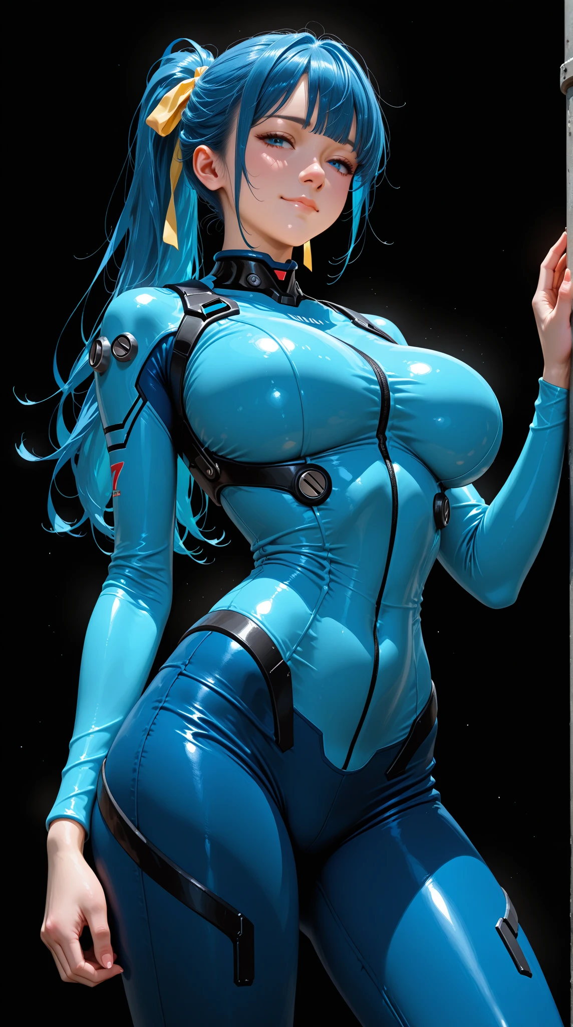 Lean fit agent honeydew girl from the dark knight stands imposing in a gothic lost city. ((Blue bodysuit)), (((, blue navel))), Closed zipper, black hair, (gigantic breasts), blue breasts, Moonlight highlights her fit and lean figure, intricate bodysuit, logo on shoulder, (black utility belt), ((low sitting belt)), The scenery is grim and mysterious, with futuristic tech and surroundings. The camera details everything, (((masterpiece)))
